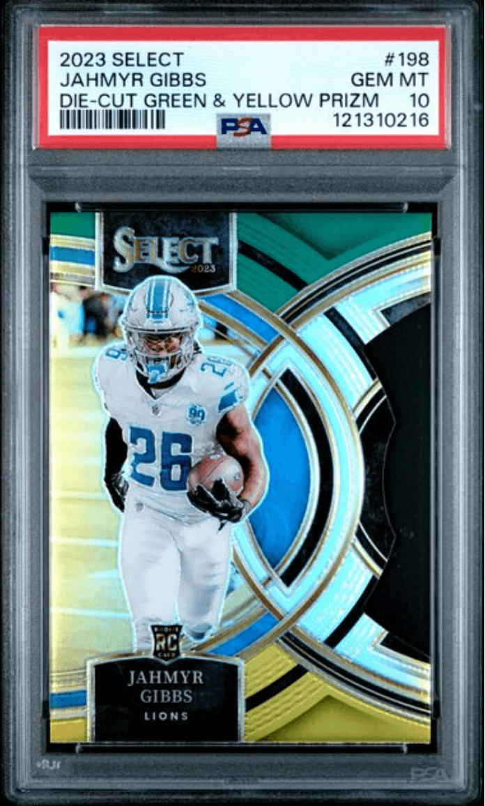 Graded 2023 Panini Select Jahmyr Gibbs #198 Die Cut Green & Yellow Prizm Rookie RC Football Card PSA 10 Gem Mint