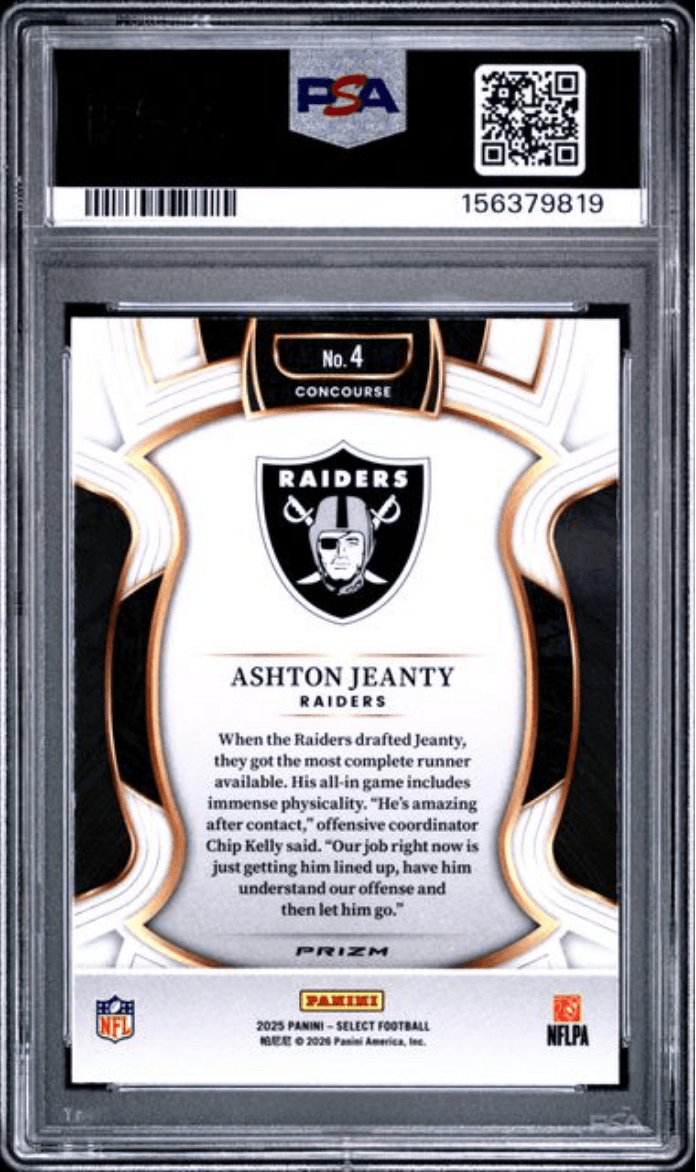 Graded 2025 Panini Select Ashton Jeanty #4 Green & Yellow Shock Rookie RC Football Card PSA 10 Gem Mint