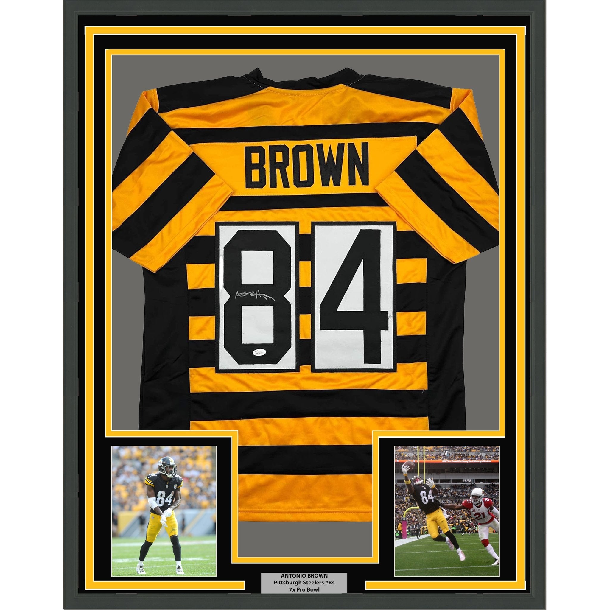 Framed Autographed/Signed Antonio Brown 35x39 Pittsburgh Bumble Bee Football Jersey JSA COA