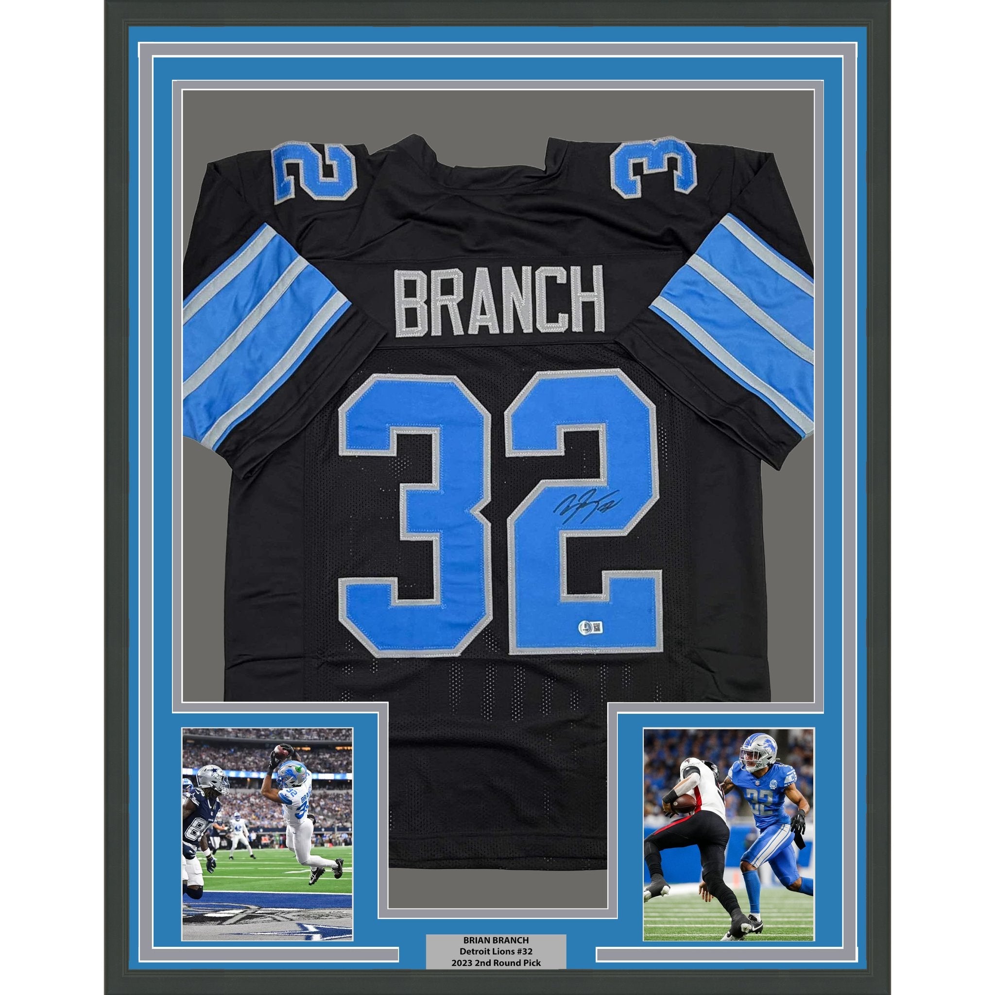 Framed Autographed/Signed Brian Branch 35x39 Detroit Black Football Jersey Beckett BAS COA