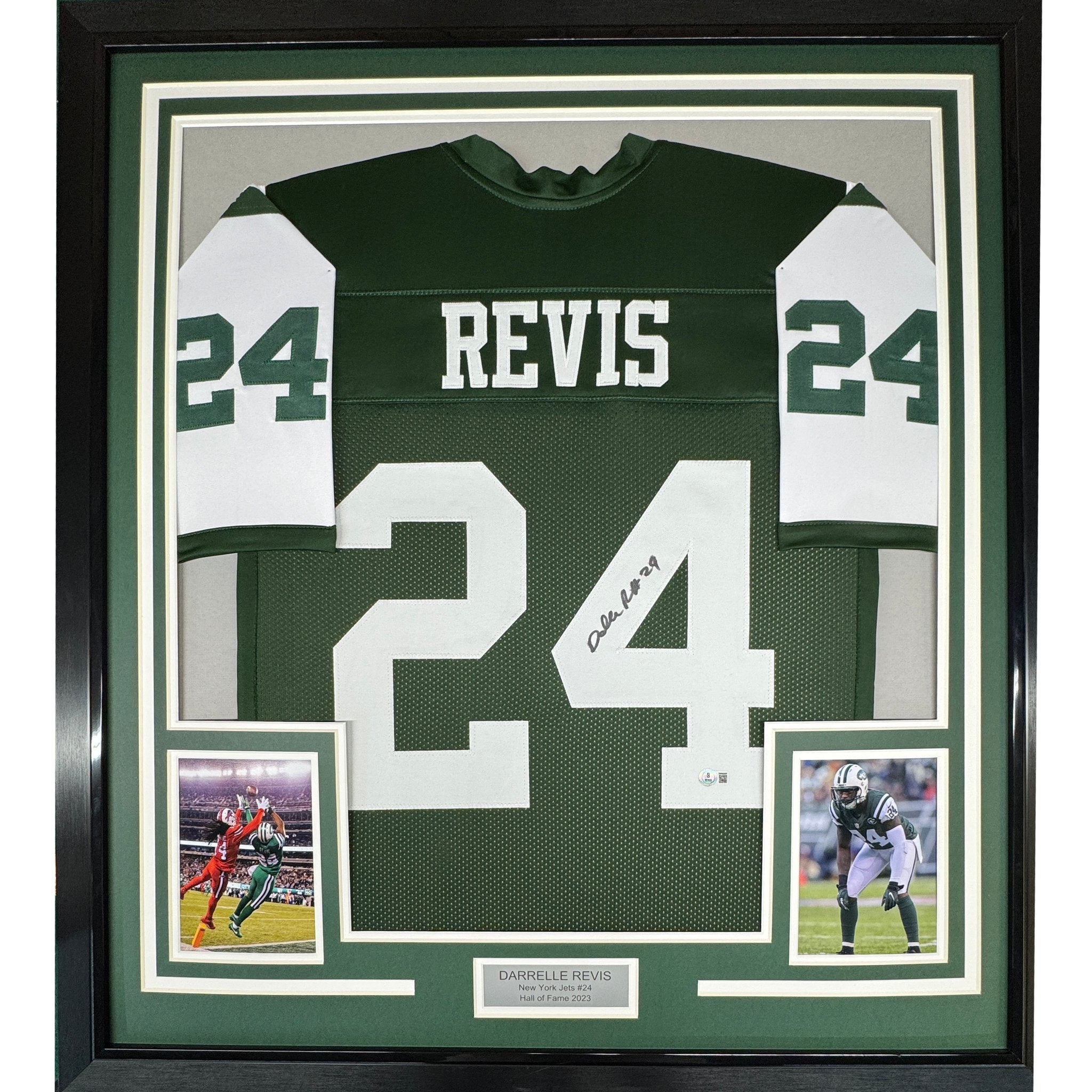 Framed Autographed/Signed Darrelle Revis 35x39 New York Green Football Jersey Beckett BAS COA