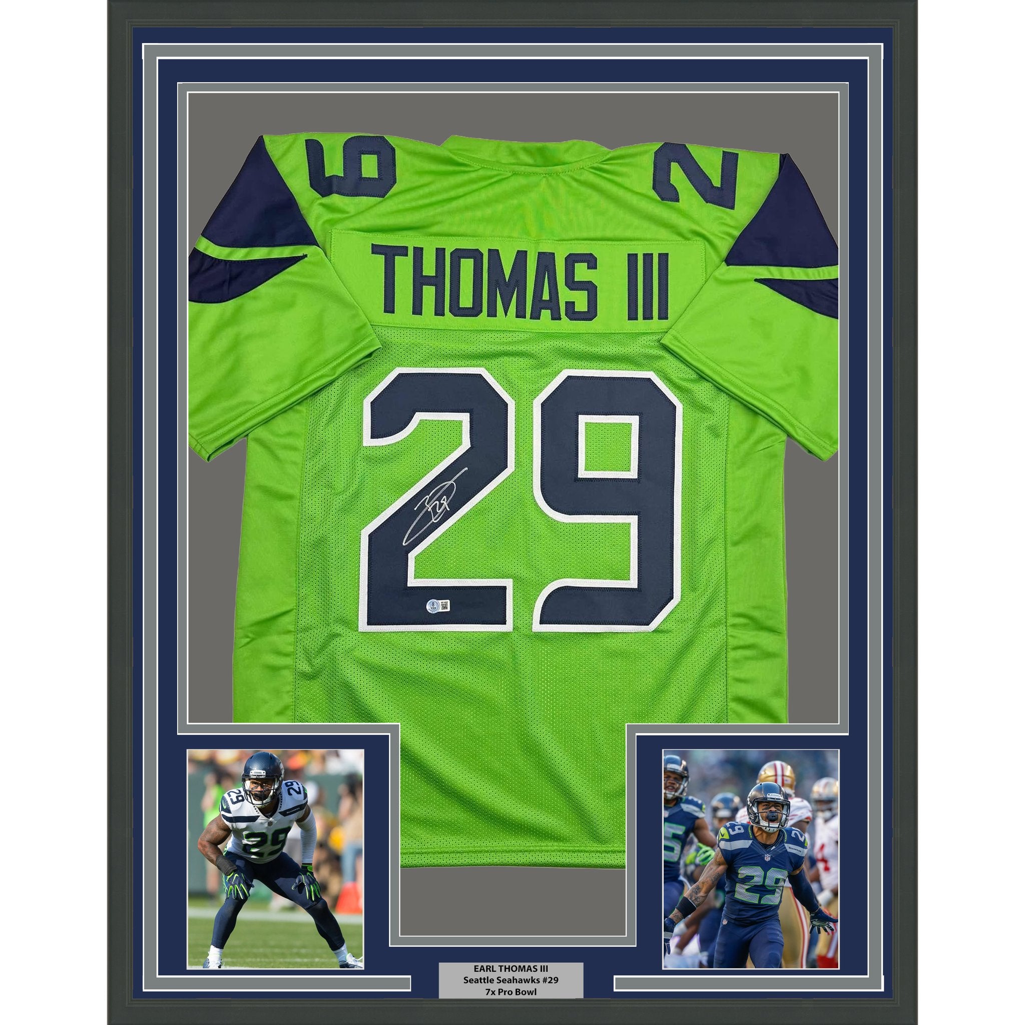 Framed Autographed/Signed Earl Thomas III 35x39 Seattle Green Football Jersey Beckett BAS COA