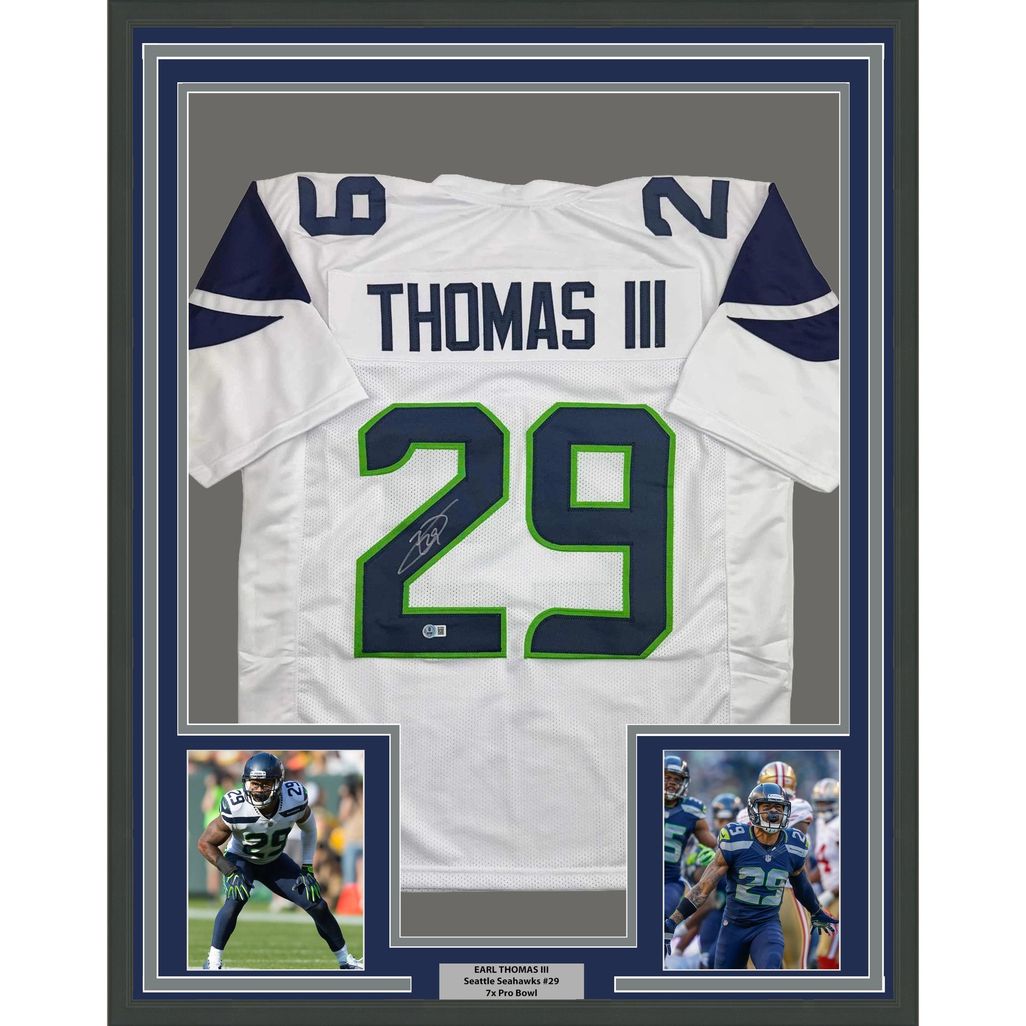 Framed Autographed/Signed Earl Thomas III 35x39 Seattle White Football Jersey Beckett BAS COA