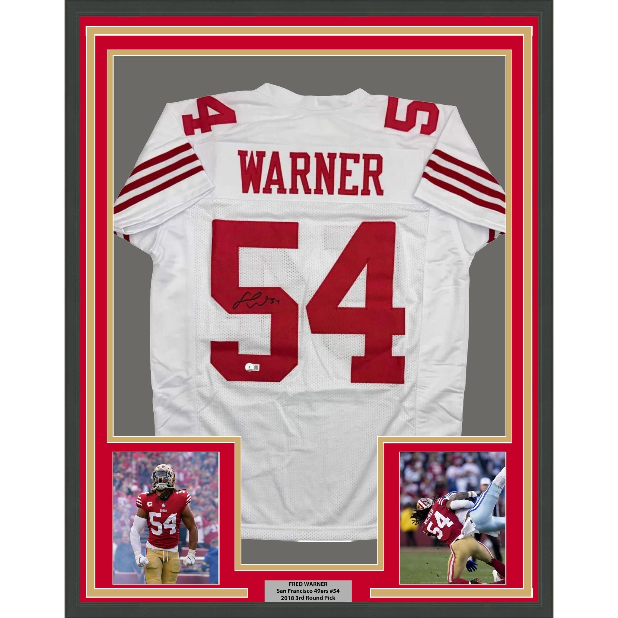 Framed Autographed/Signed Fred Warner 35x39 San Francisco White Football Jersey Beckett BAS COA
