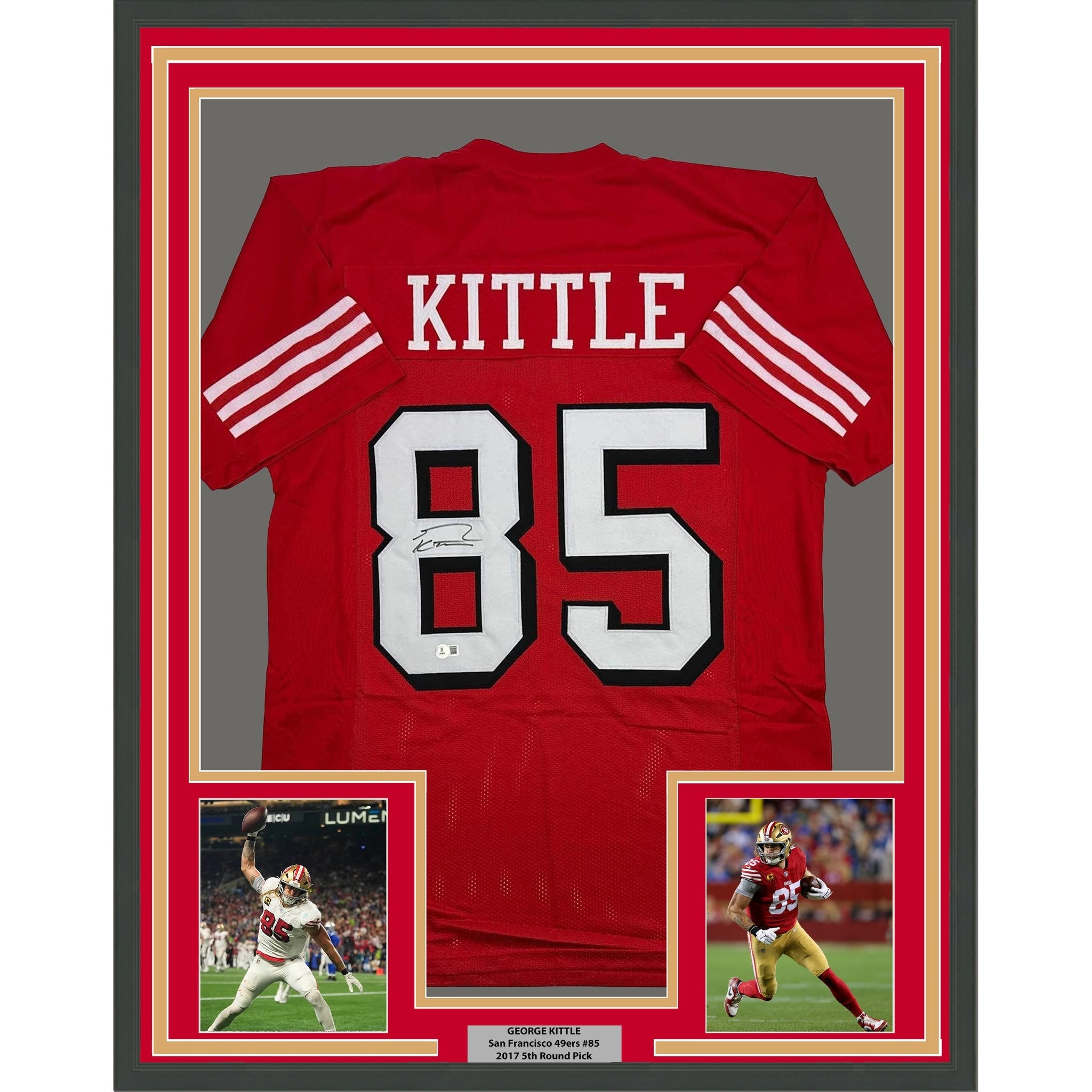 Framed Autographed/Signed George Kittle 35x39 San Francisco Red Alternate Football Jersey Beckett BAS COA
