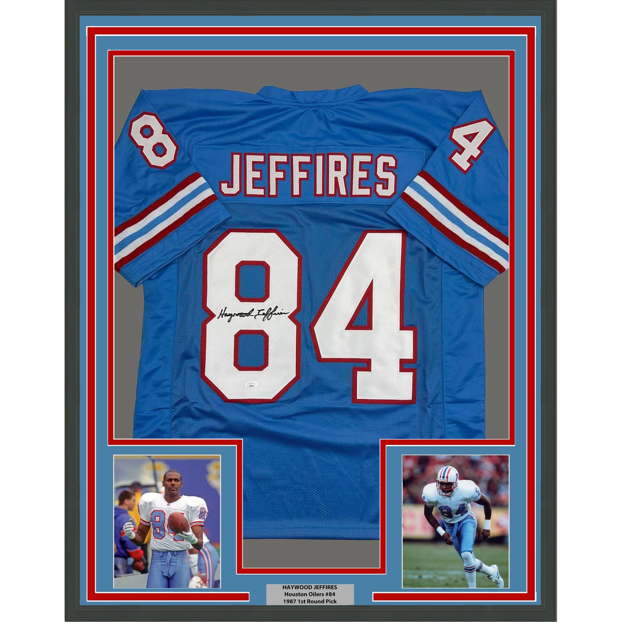 Framed Autographed/Signed Haywood Jeffires 35x39 Tennessee Retro Light Blue Football Jersey JSA COA