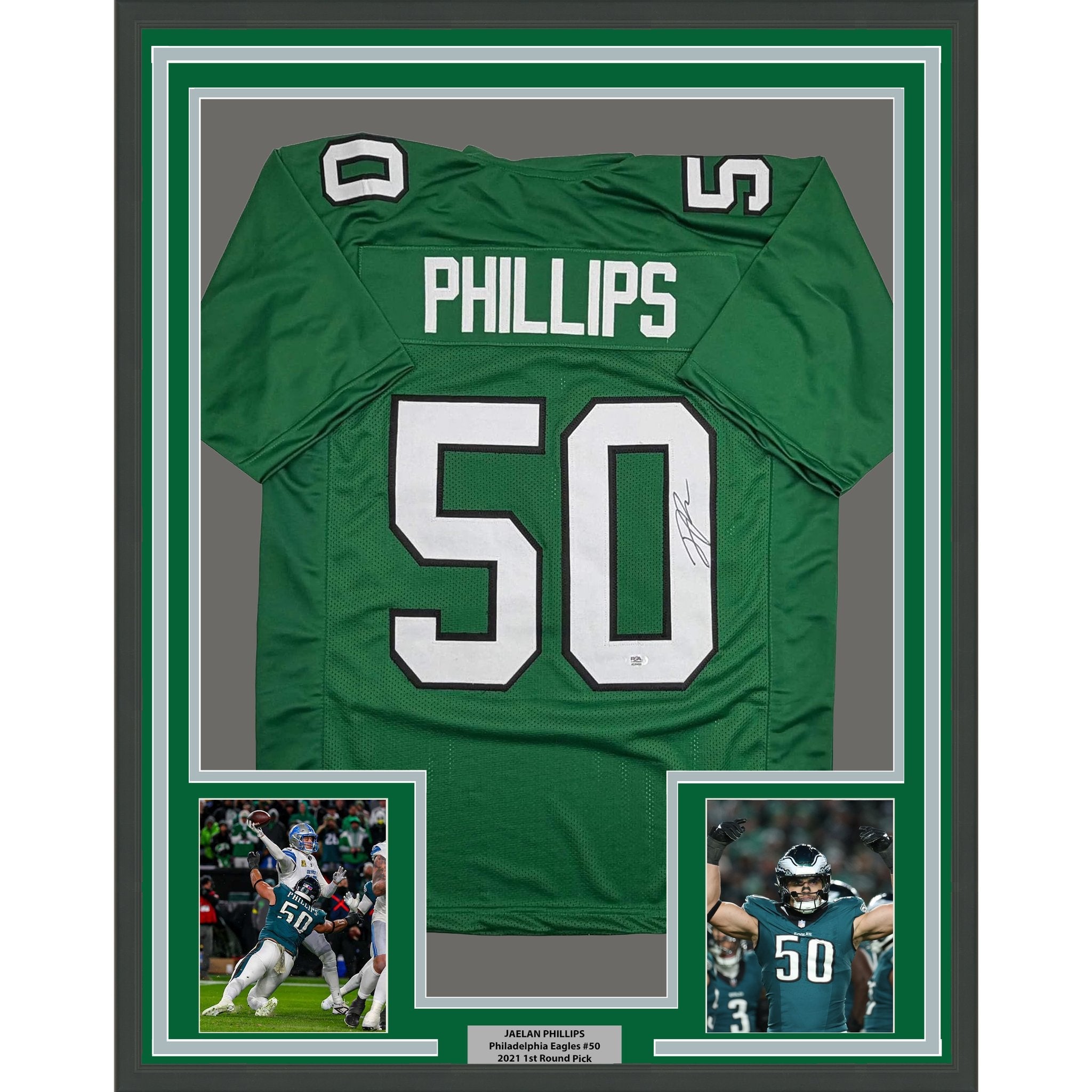 Framed Autographed/Signed Jaelan Phillips 35x39 Philadelphia Kelly Green Football Jersey PSA/DNA COA