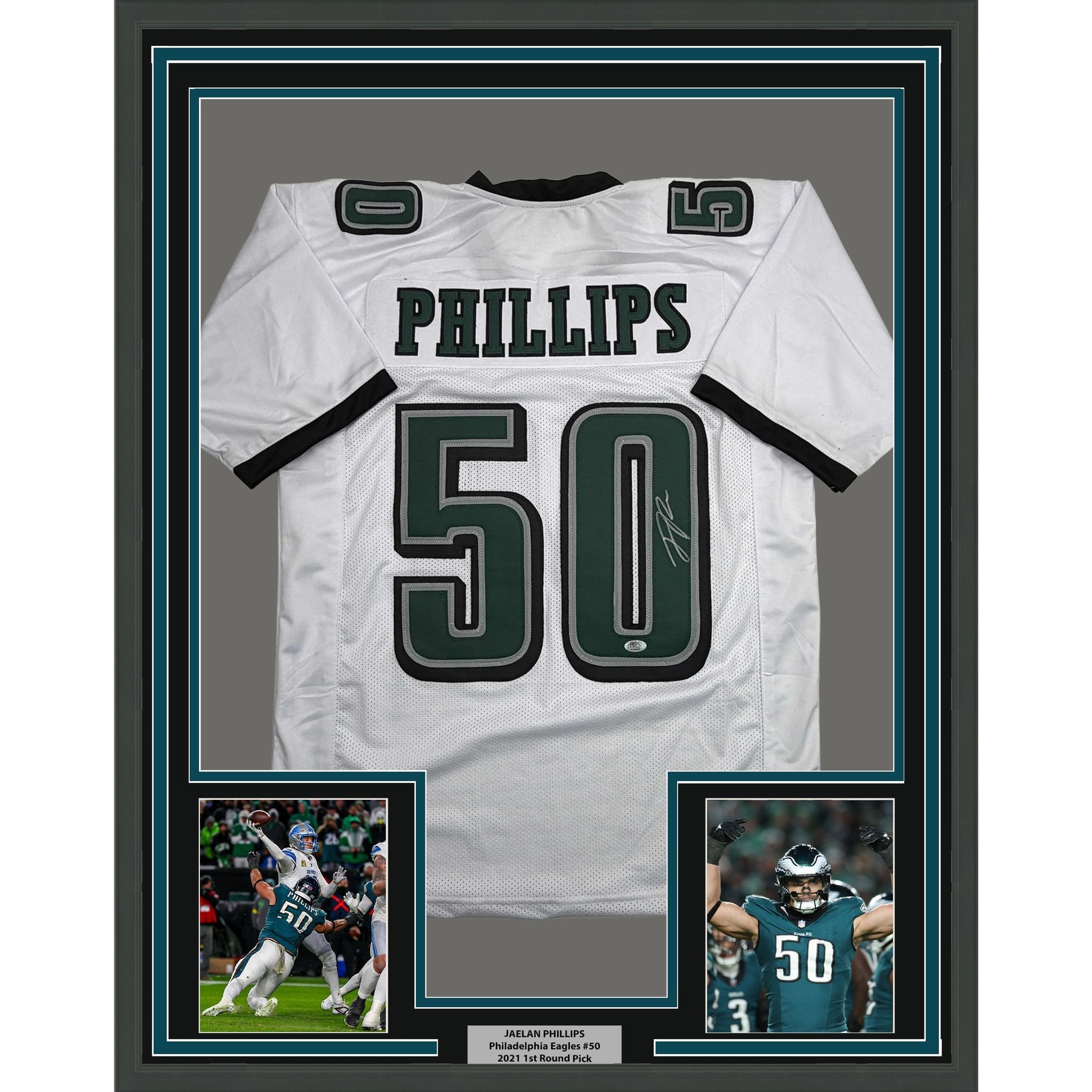 Framed Autographed/Signed Jaelan Phillips 35x39 Philadelphia White Football Jersey PSA/DNA COA