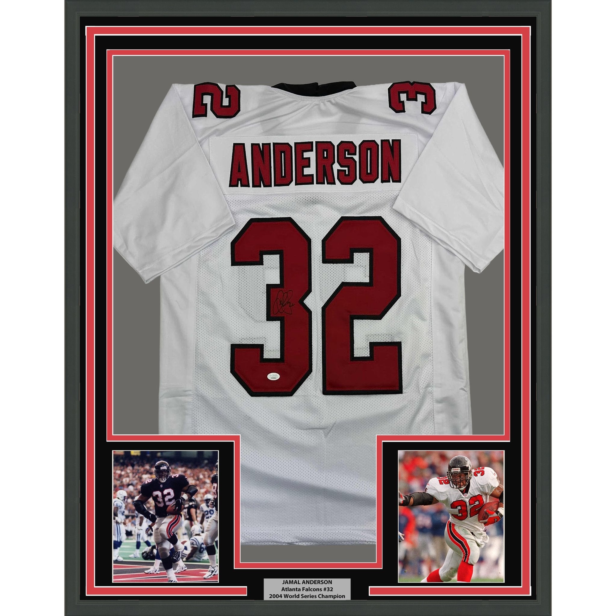 Framed Autographed/Signed Jamal Anderson 35x39 Atlanta White Football Jersey JSA COA