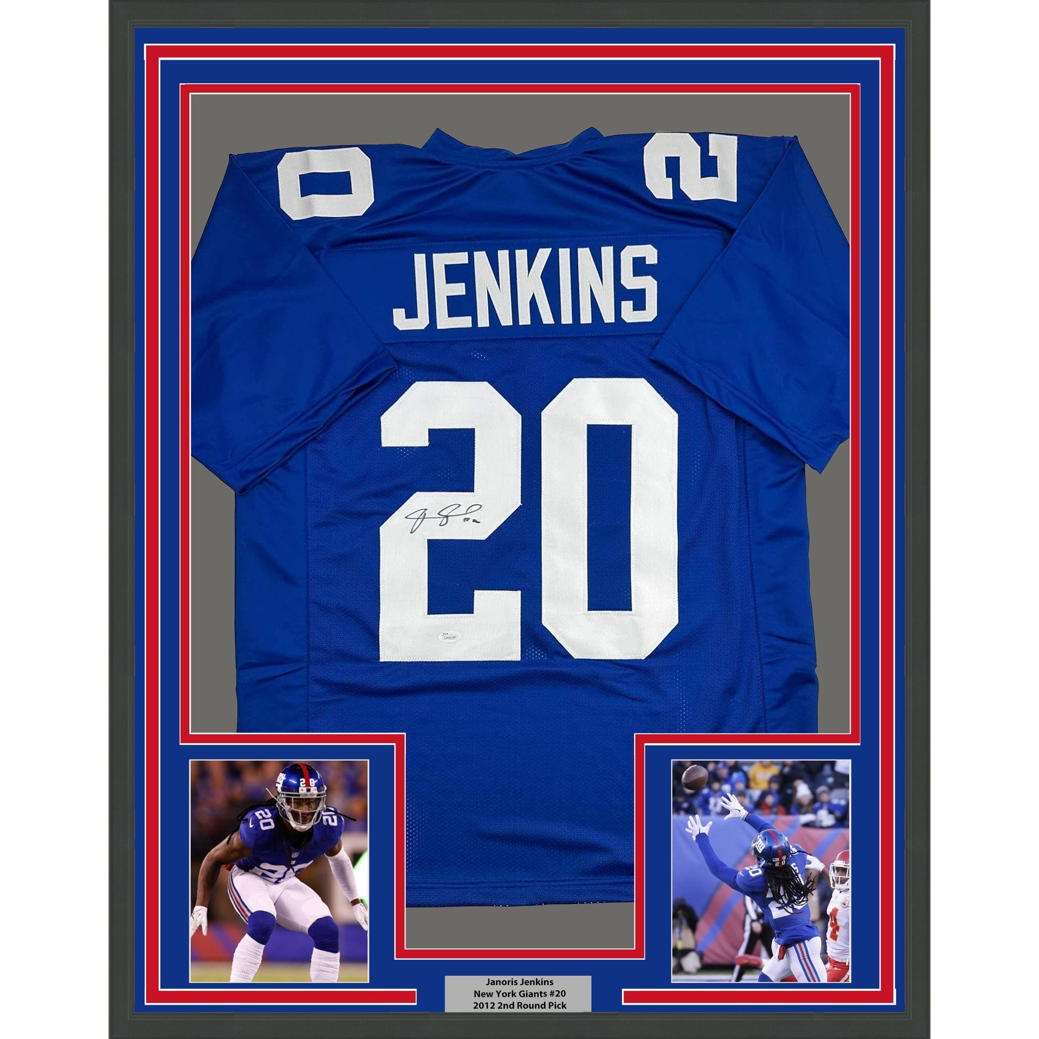 Framed Autographed/Signed Janoris Jenkins Jackrabbit 35x39 New York Blue Football Jersey JSA COA