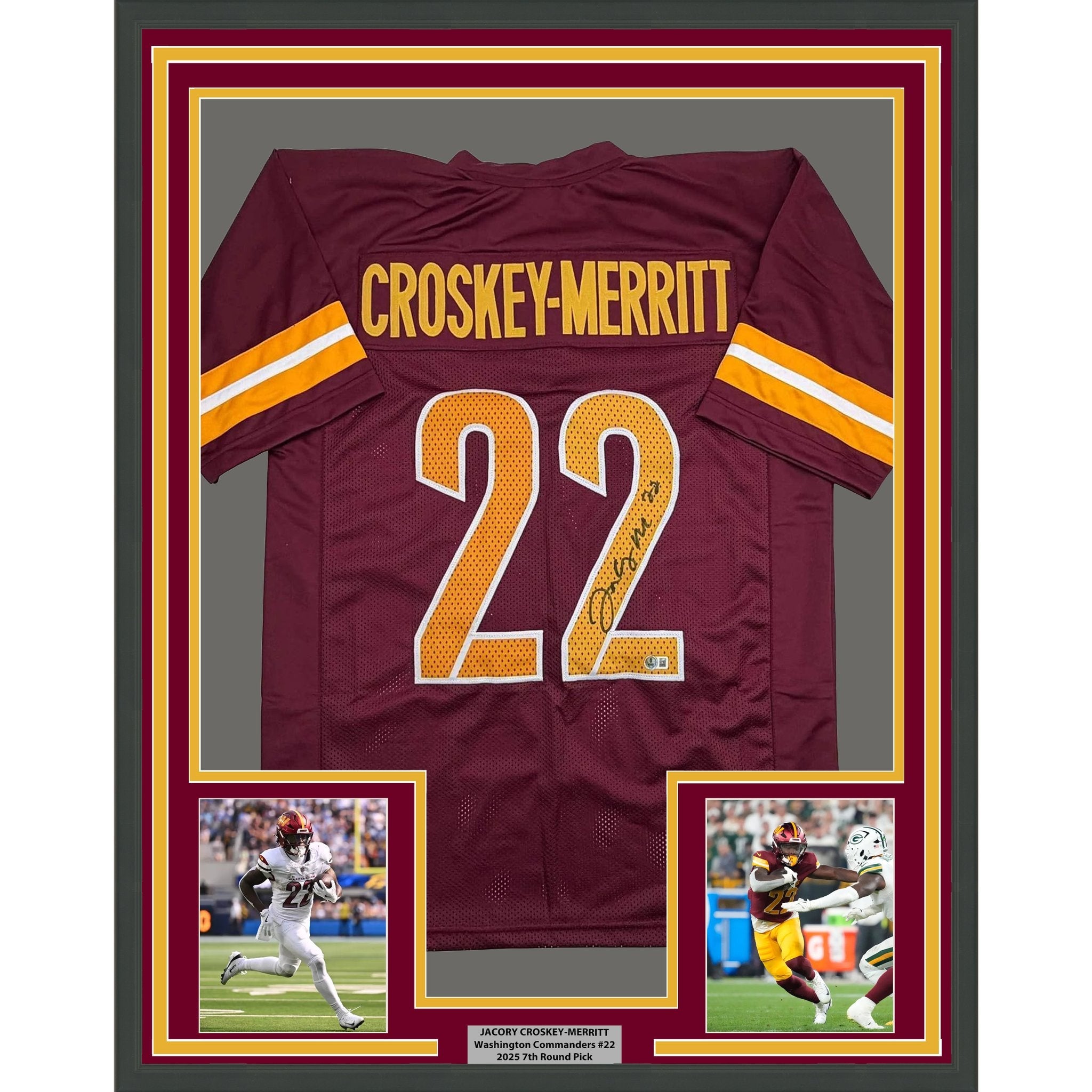 Framed Autographed/Signed Bill Jacory Croskey-Merritt 35x39 Washington Burgundy Football Jersey Beckett BAS COA