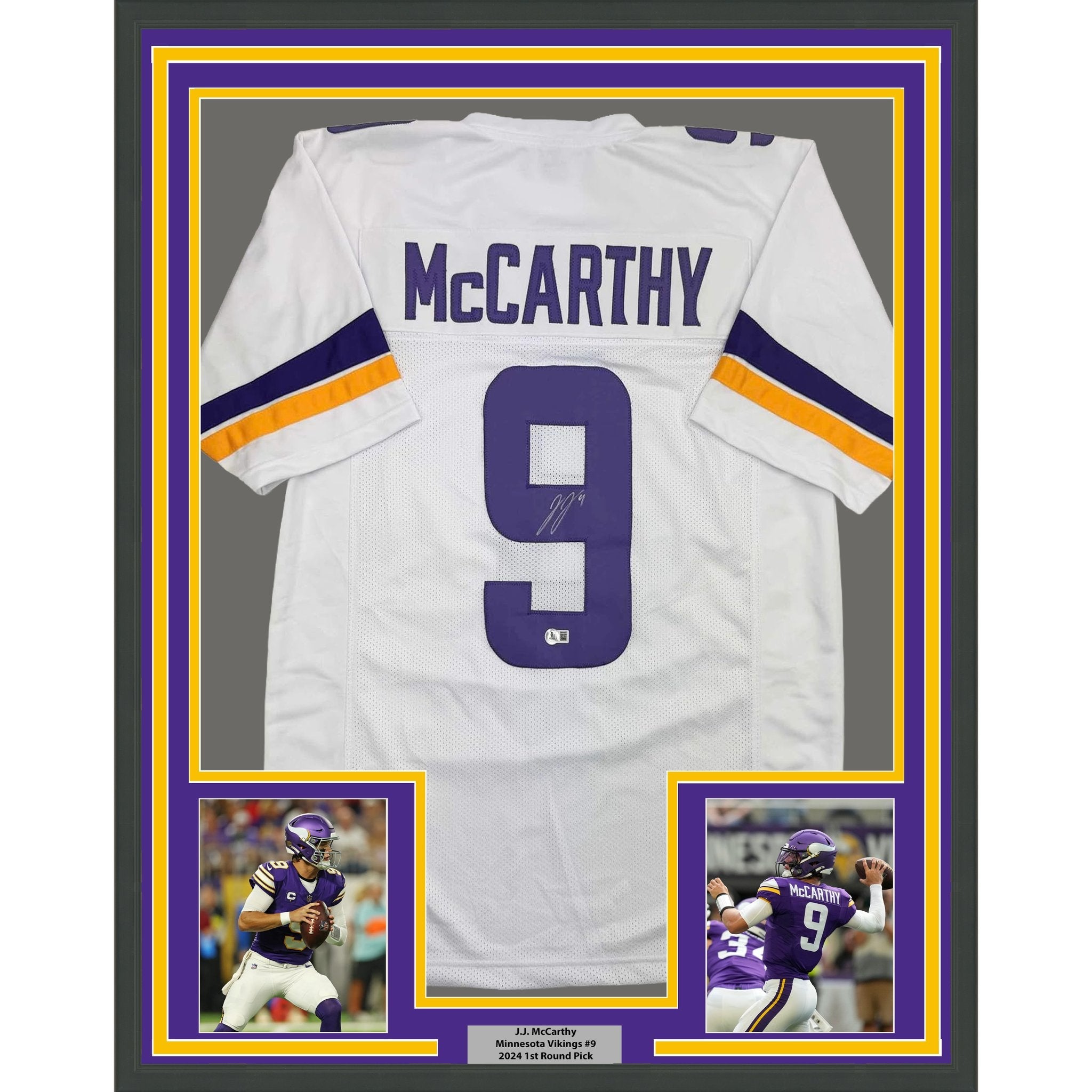 Framed Autographed/Signed J.J. JJ McCarthy 35x39 Minnesota White Football Jersey Beckett BAS COA