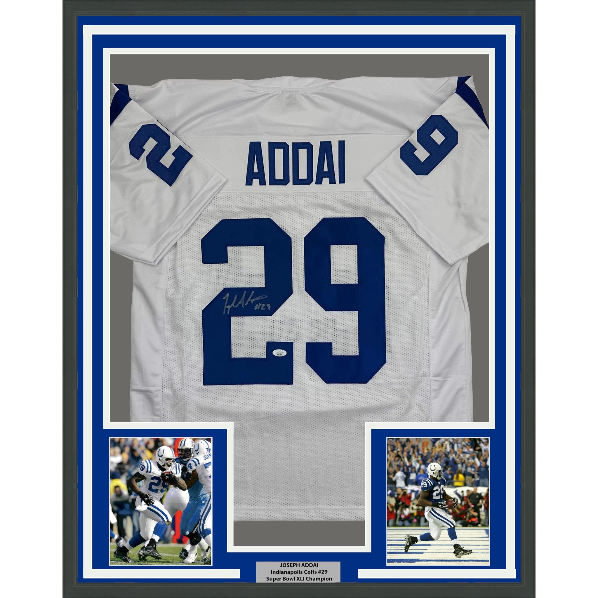 Framed Autographed/Signed Joseph Addai 35x39 Indianapolis White Football Jersey JSA COA