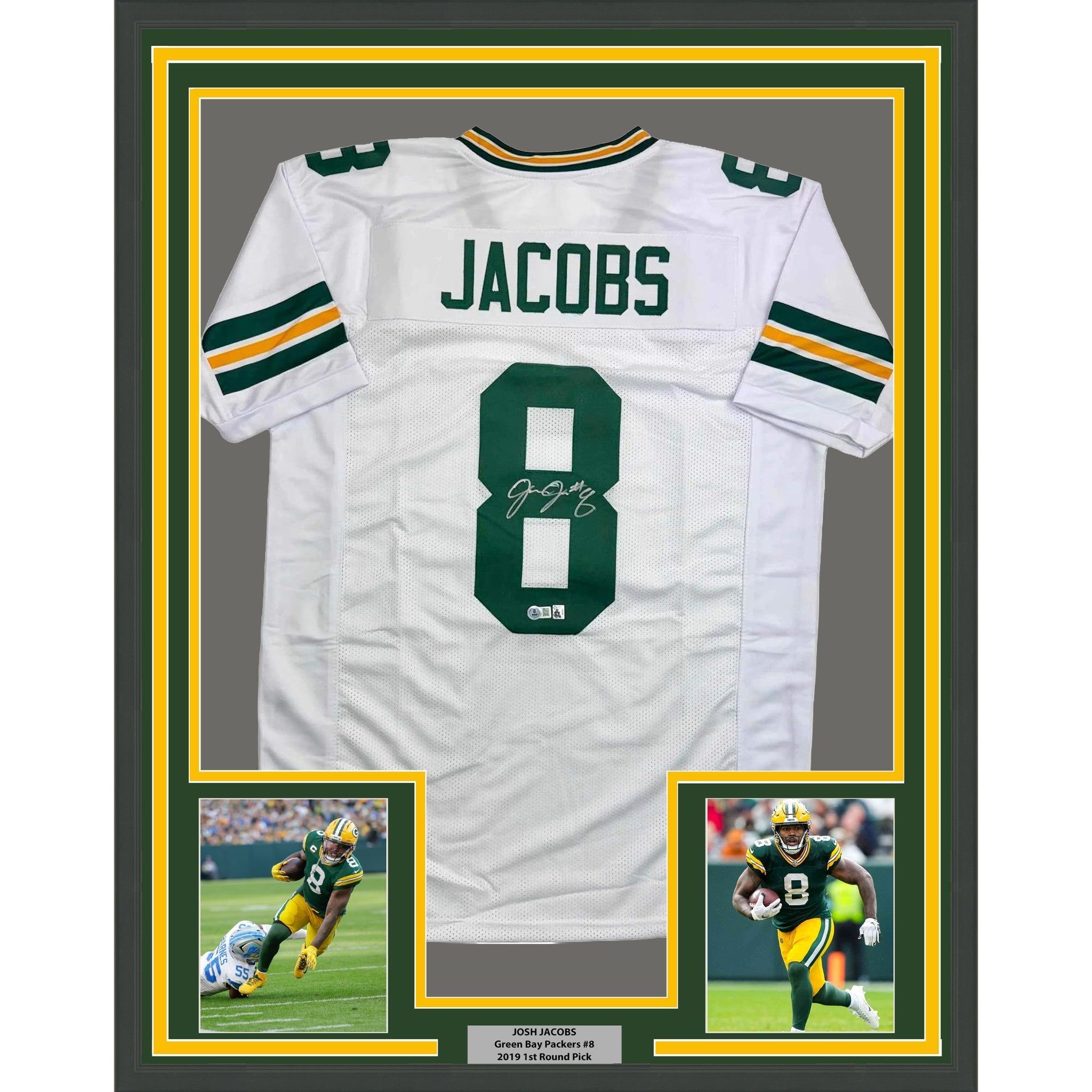Framed Autographed/Signed Josh Jacobs 35x39 Green Bay White Football Jersey Beckett BAS COA