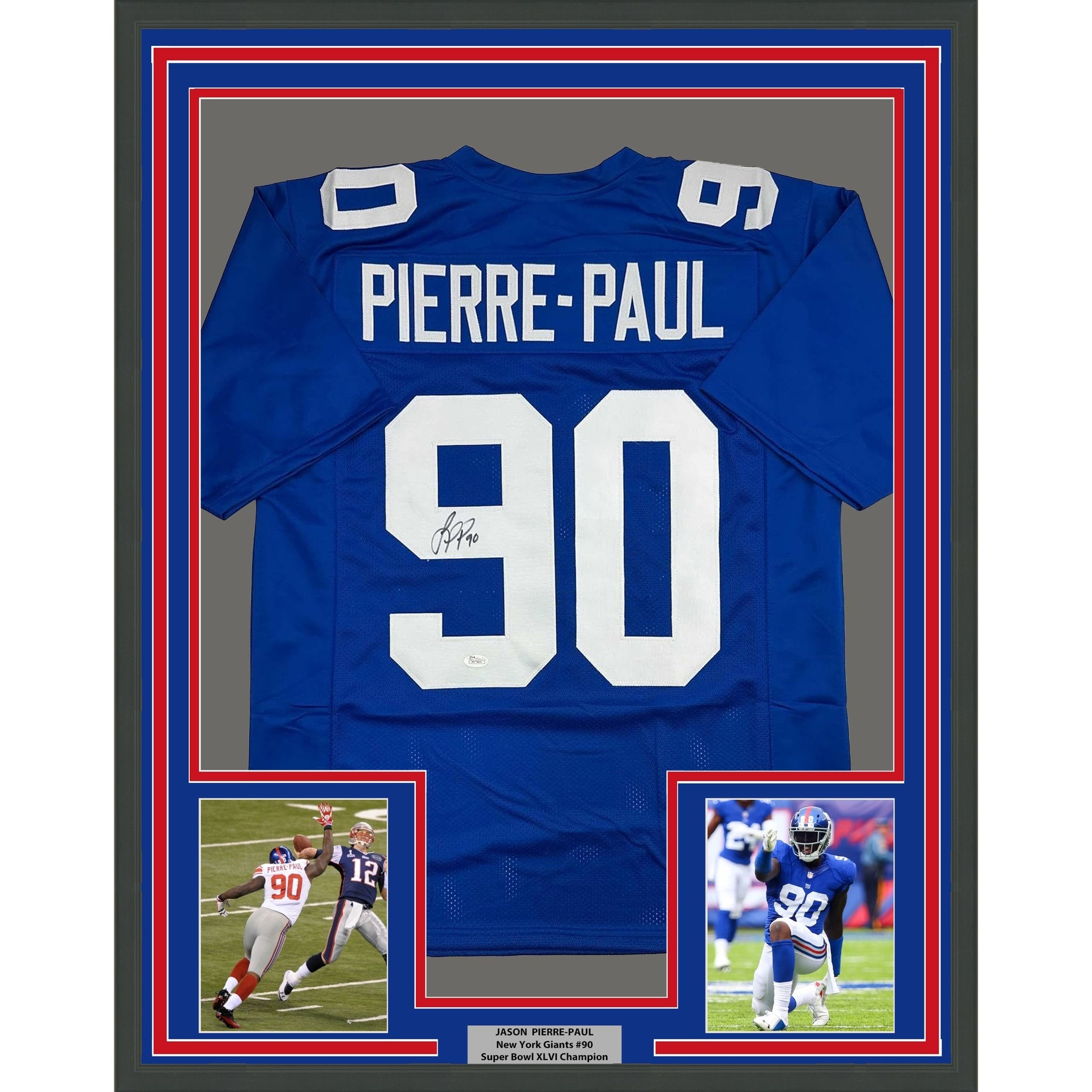 Framed Autographed/Signed Jason Pierre-Paul JPP 35x39 New York Blue Football Jersey JSA COA