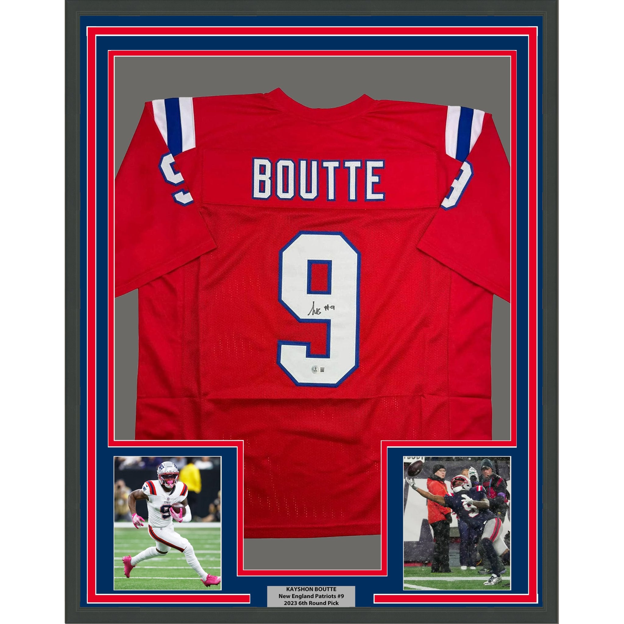 Framed Autographed/Signed Kayshon Boutte 35x39 New England Red Football Jersey Beckett BAS COA