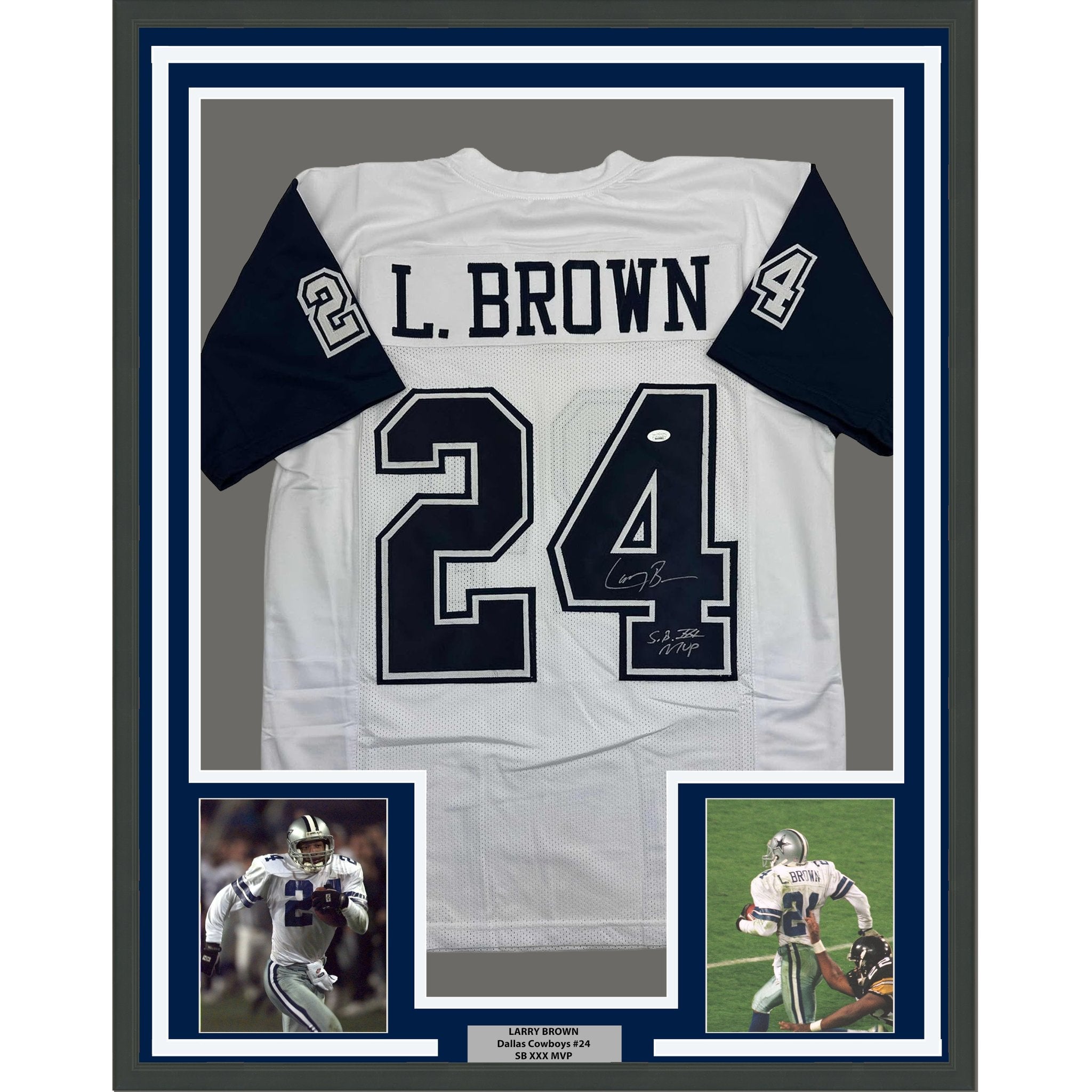 Framed Autographed/Signed Larry Brown 35x39 Super Bowl XXX MVP Dallas White Color Rush Football Jersey JSA COA