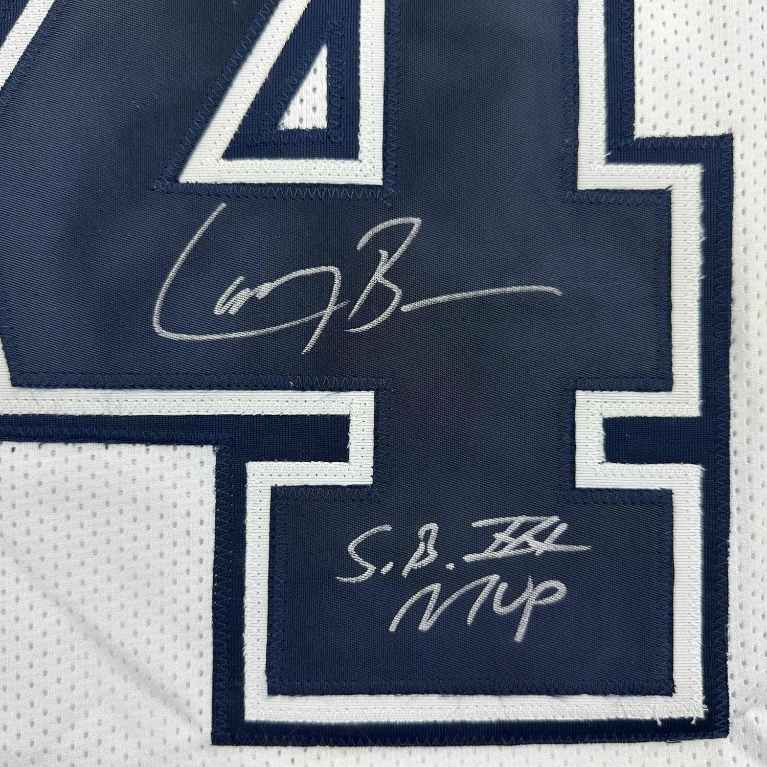 Framed Autographed/Signed Larry Brown 35x39 Super Bowl XXX MVP Dallas White Color Rush Football Jersey JSA COA
