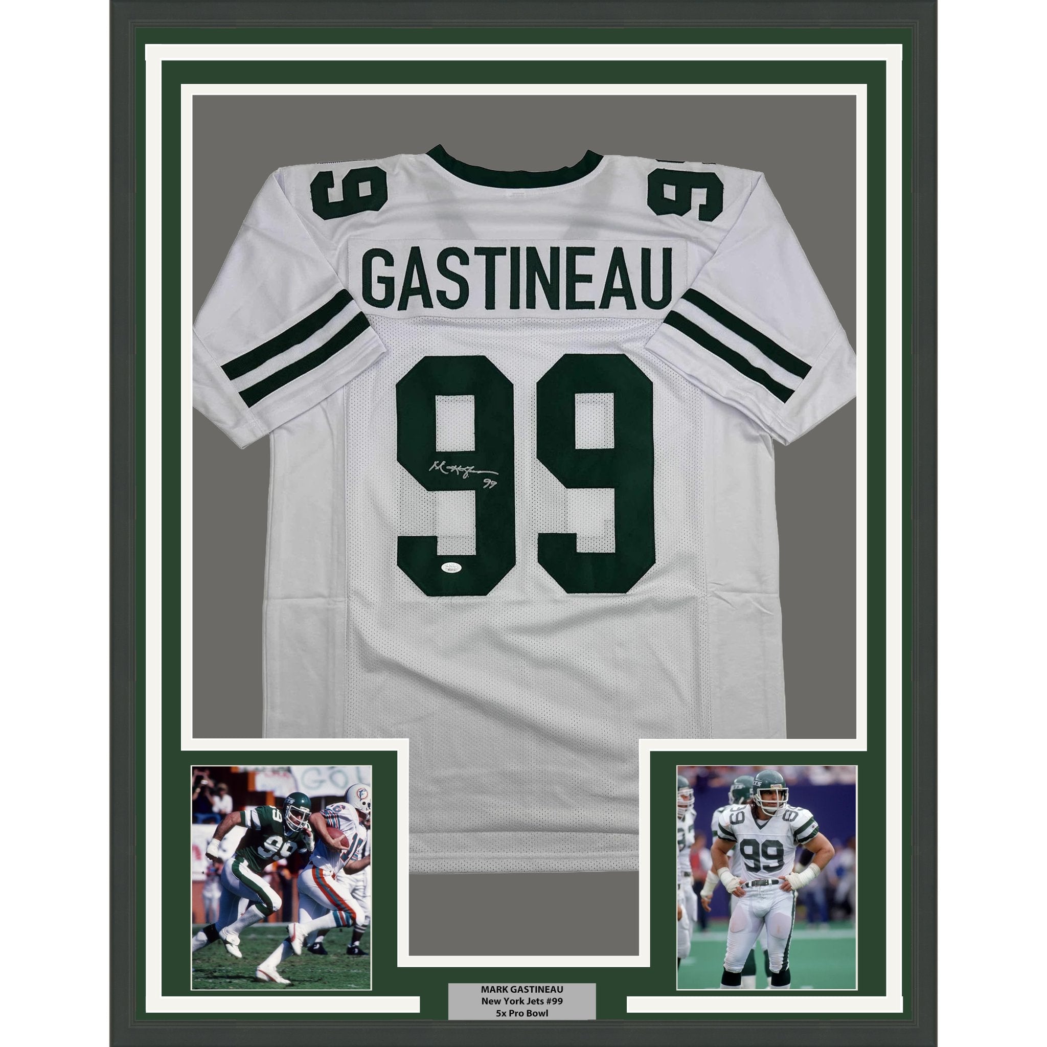 Framed Autographed/Signed Mark Gastineau 35x39 New York White Football Jersey JSA COA