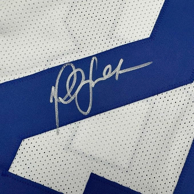 Framed Autographed/Signed Marshall Faulk 35x39 St. Louis Retro White Football Jersey Beckett BAS COA