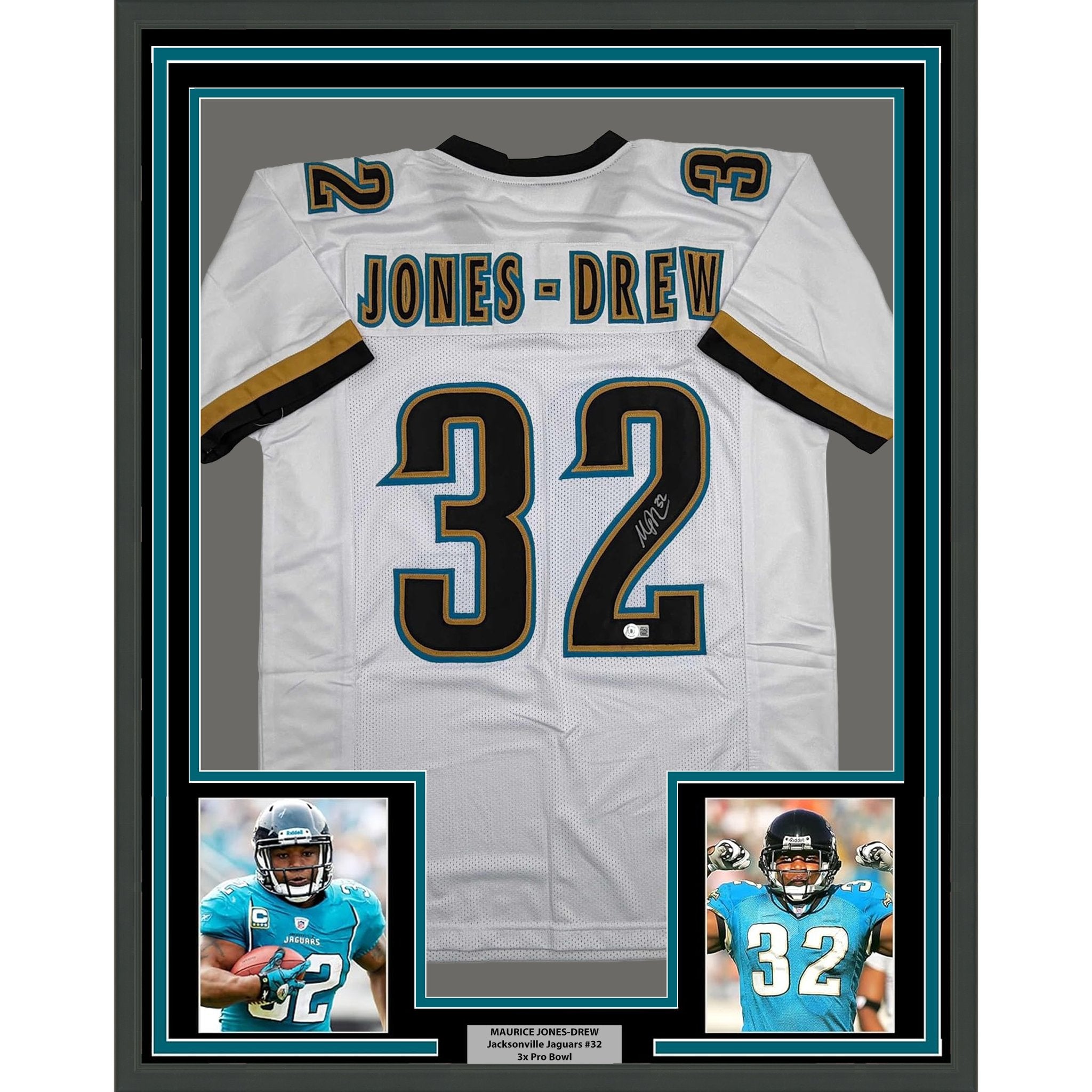 Framed Autographed/Signed Maurice Jones-Drew 35x39 Jacksonville White Football Jersey Beckett BAS COA