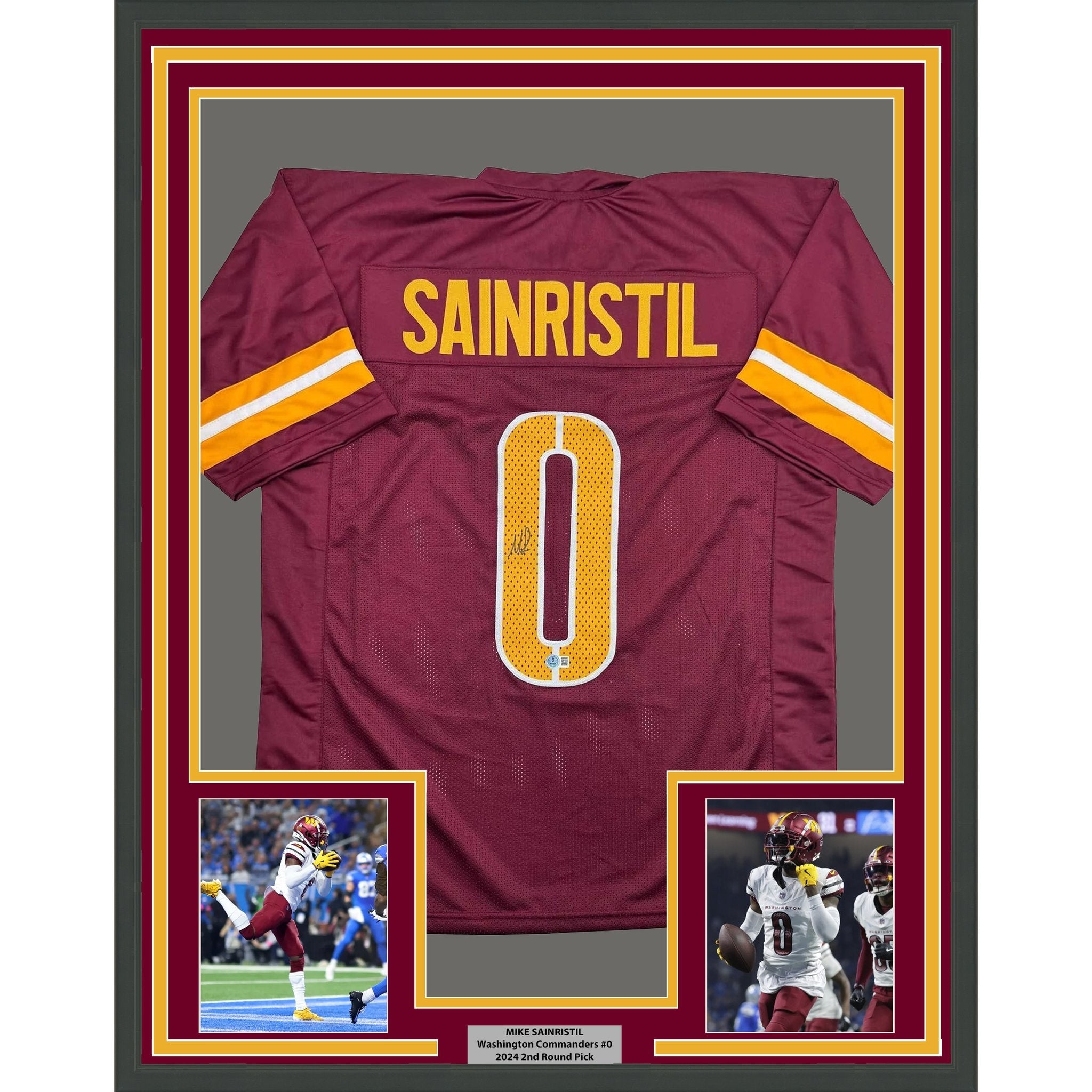 Framed Autographed/Signed Mike Sainristil 35x39 Washington Burgundy Football Jersey Beckett BAS COA