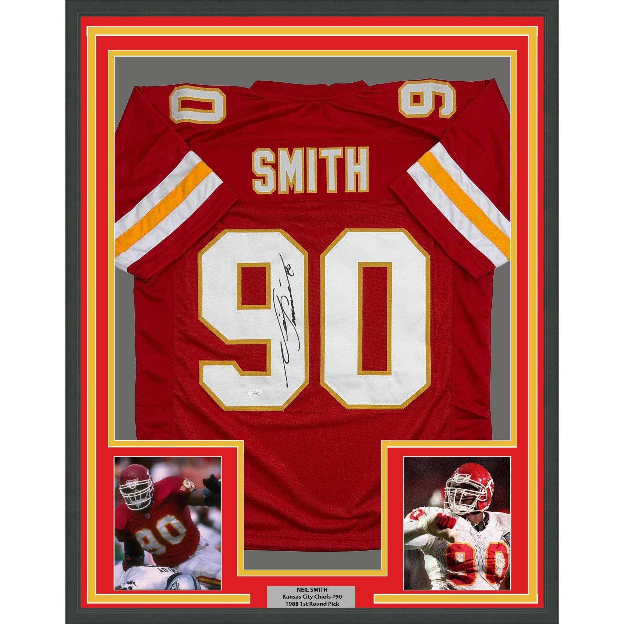 Framed Autographed/Signed Neil Smith 35x39 Kansas City Red Football Jersey JSA COA