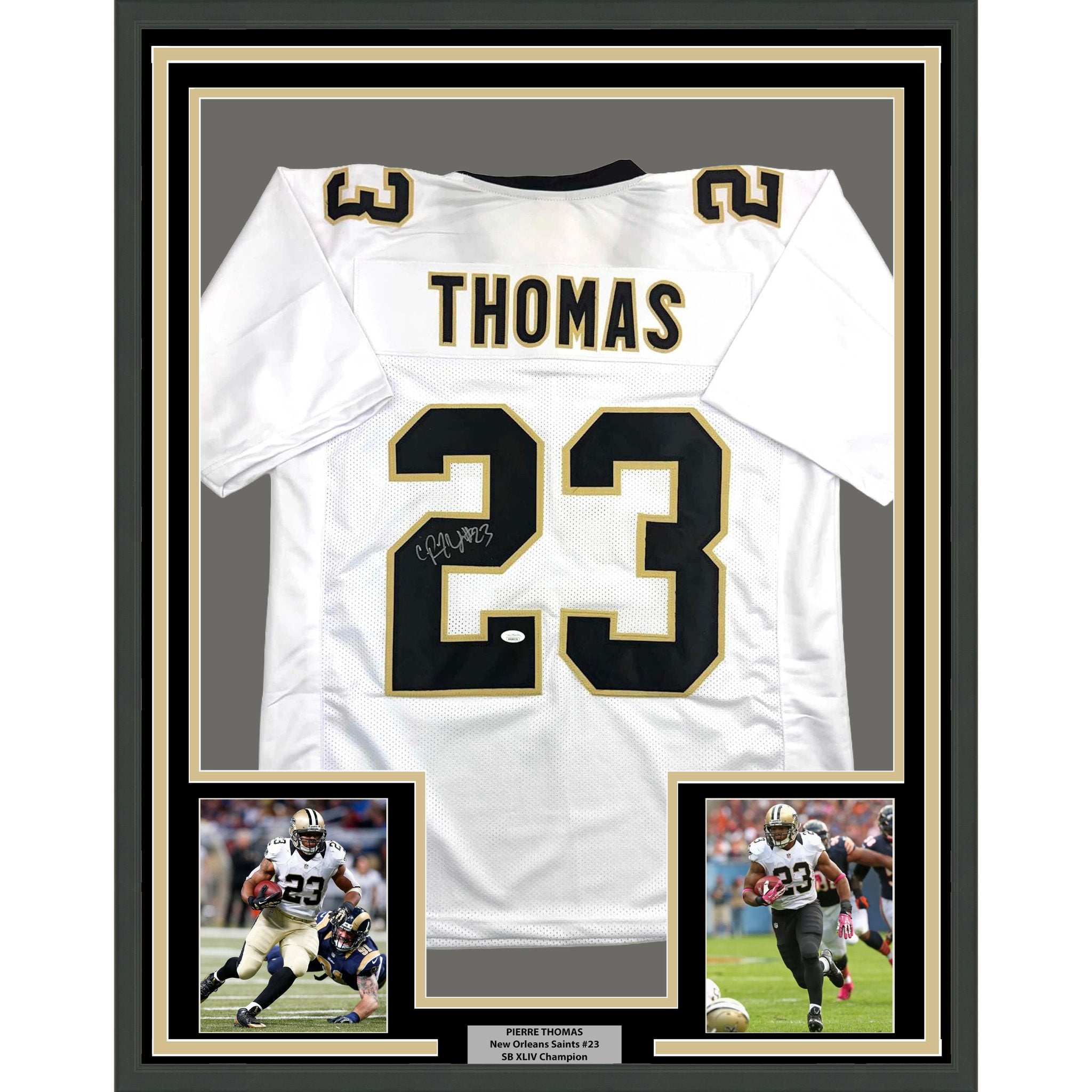 Framed Autographed/Signed Pierre Thomas 35x39 New Orleans White Football Jersey JSA COA