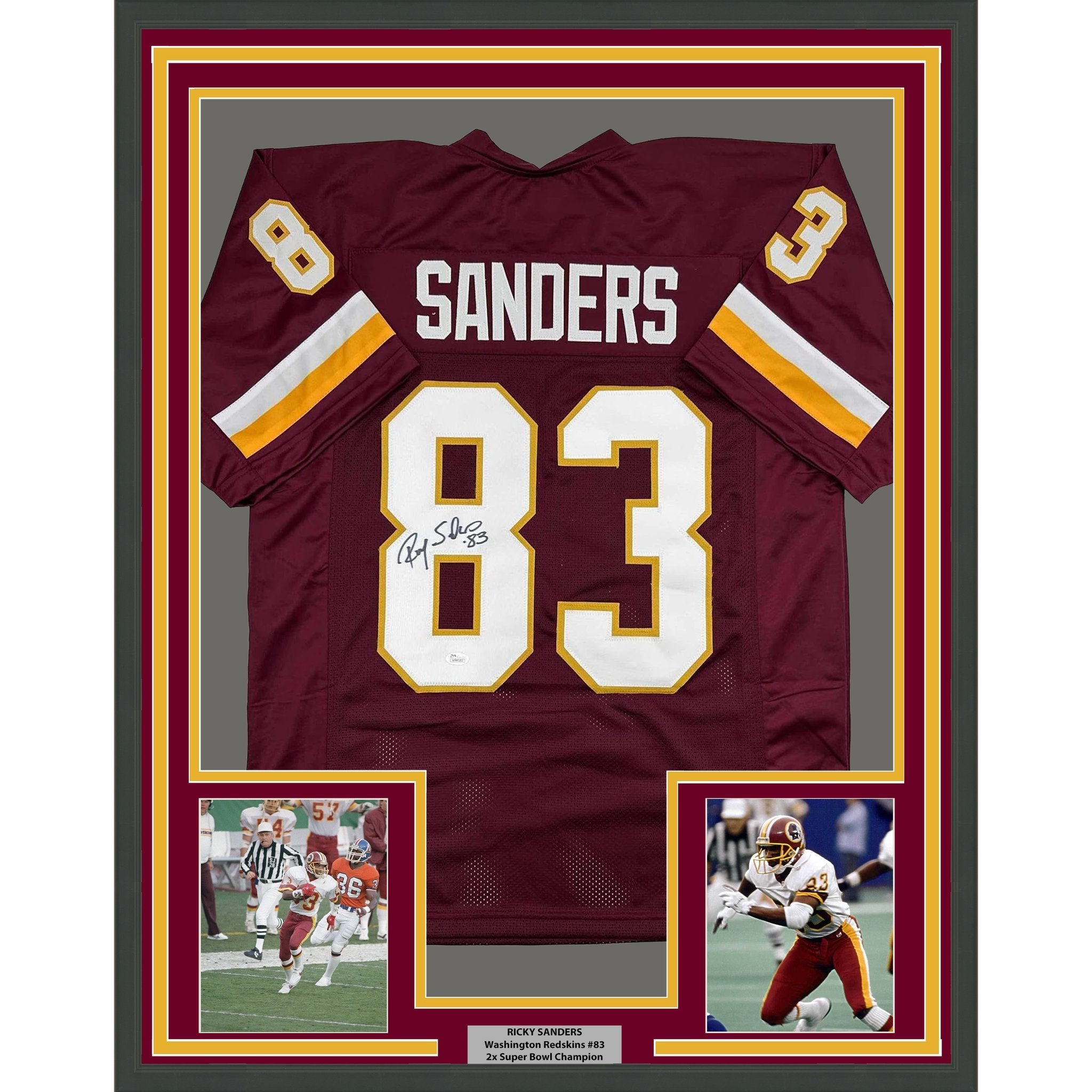 Framed Autographed/Signed Ricky Sanders 35x39 Washington Burgundy Football Jersey JSA COA
