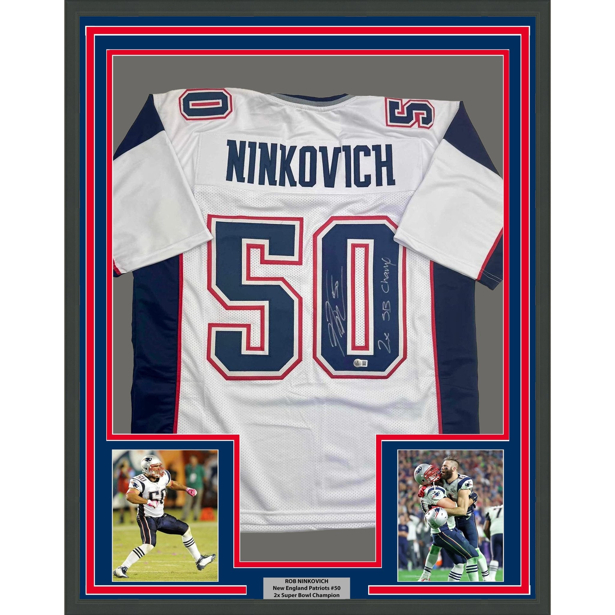 Framed Autographed/Signed Rob Ninkovich "2x SB Champ" 35x39 New England White Football Jersey Beckett BAS COA