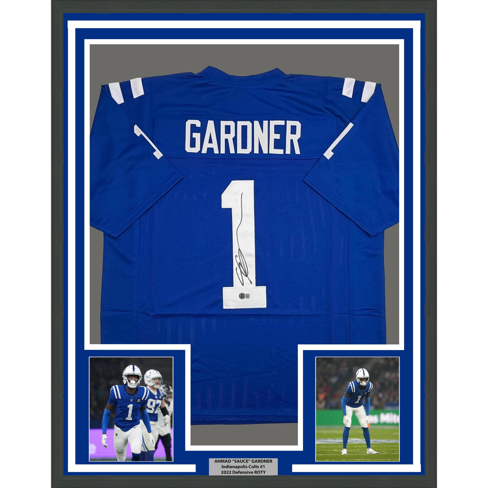 Framed Autographed/Signed Ahmad Sauce Gardner 35x39 Indianapolis Blue Football Jersey Beckett BAS COA