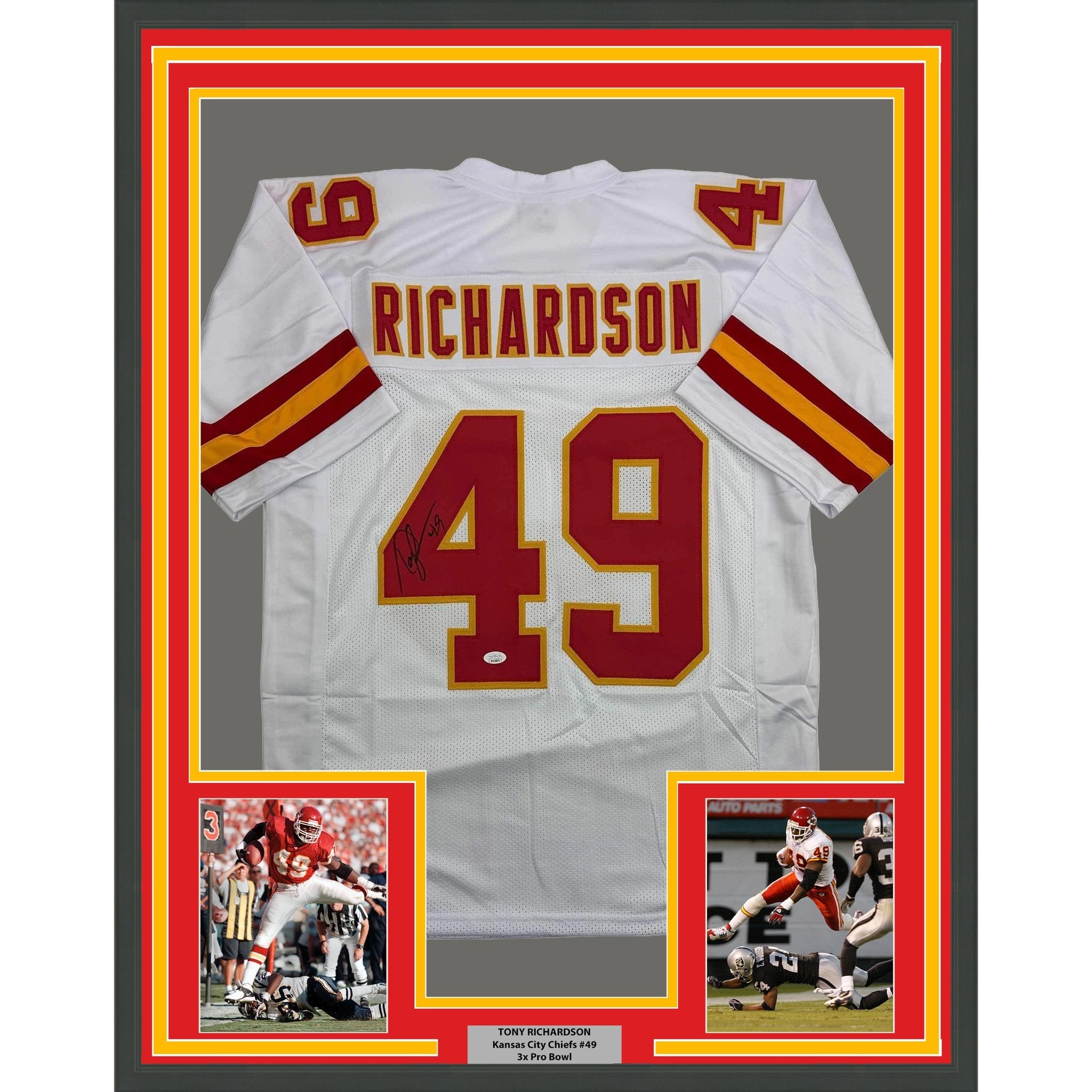 Framed Autographed/Signed Tony Richardson 35x39 Kansas City White Football Jersey JSA COA