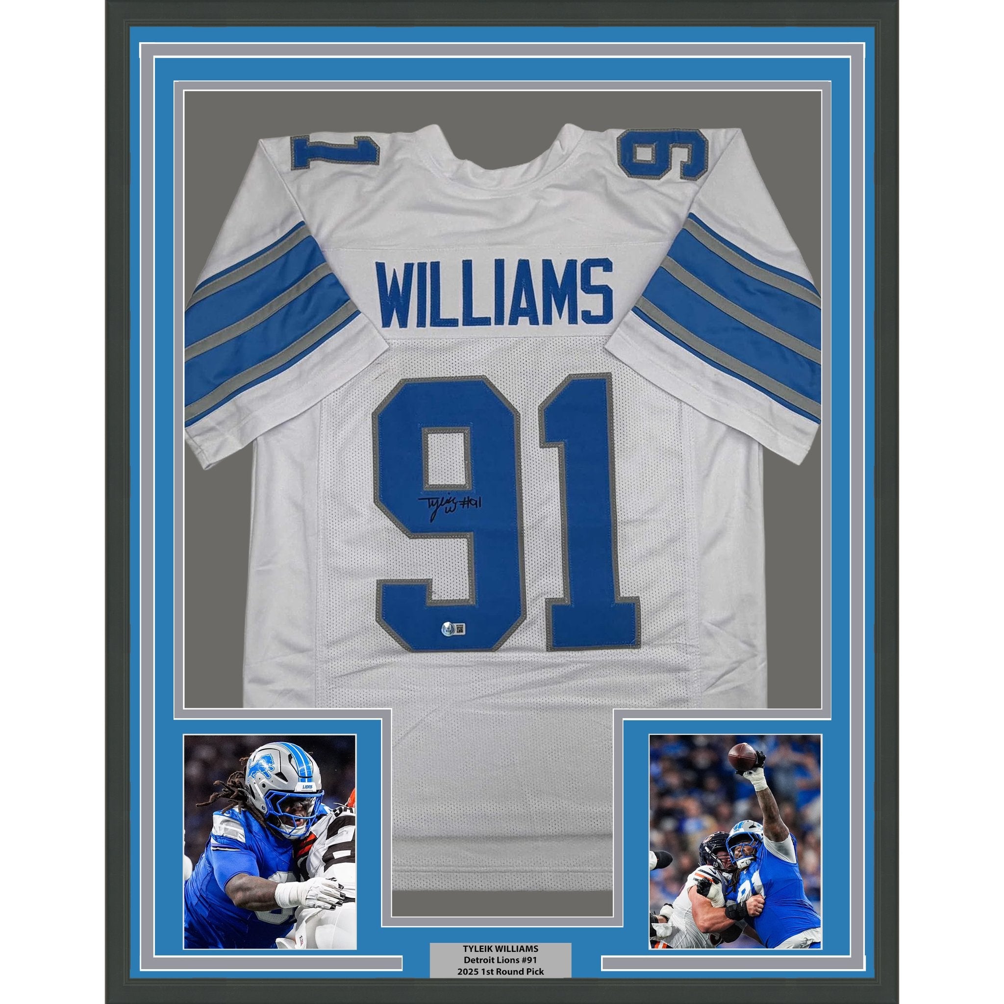 Framed Autographed/Signed Tyleik Williams 35x39 Detroit White Football Jersey Beckett BAS COA