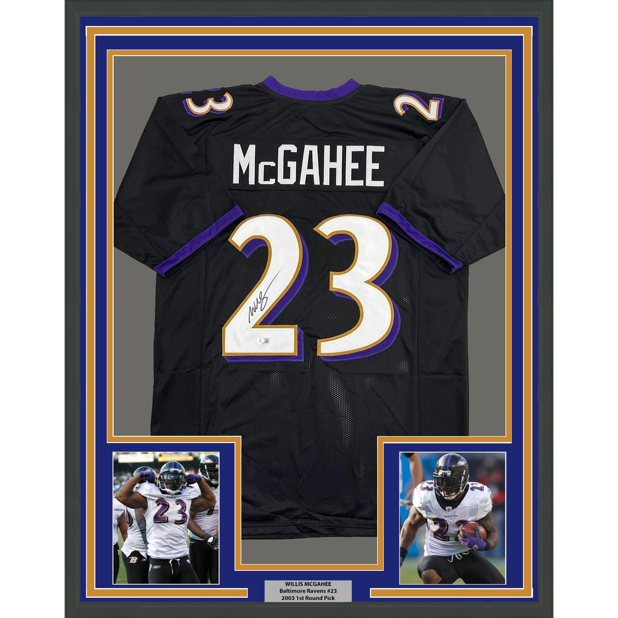 Framed Autographed/Signed Willis McGahee 35x39 Baltimore Black Football Jersey Beckett BAS COA