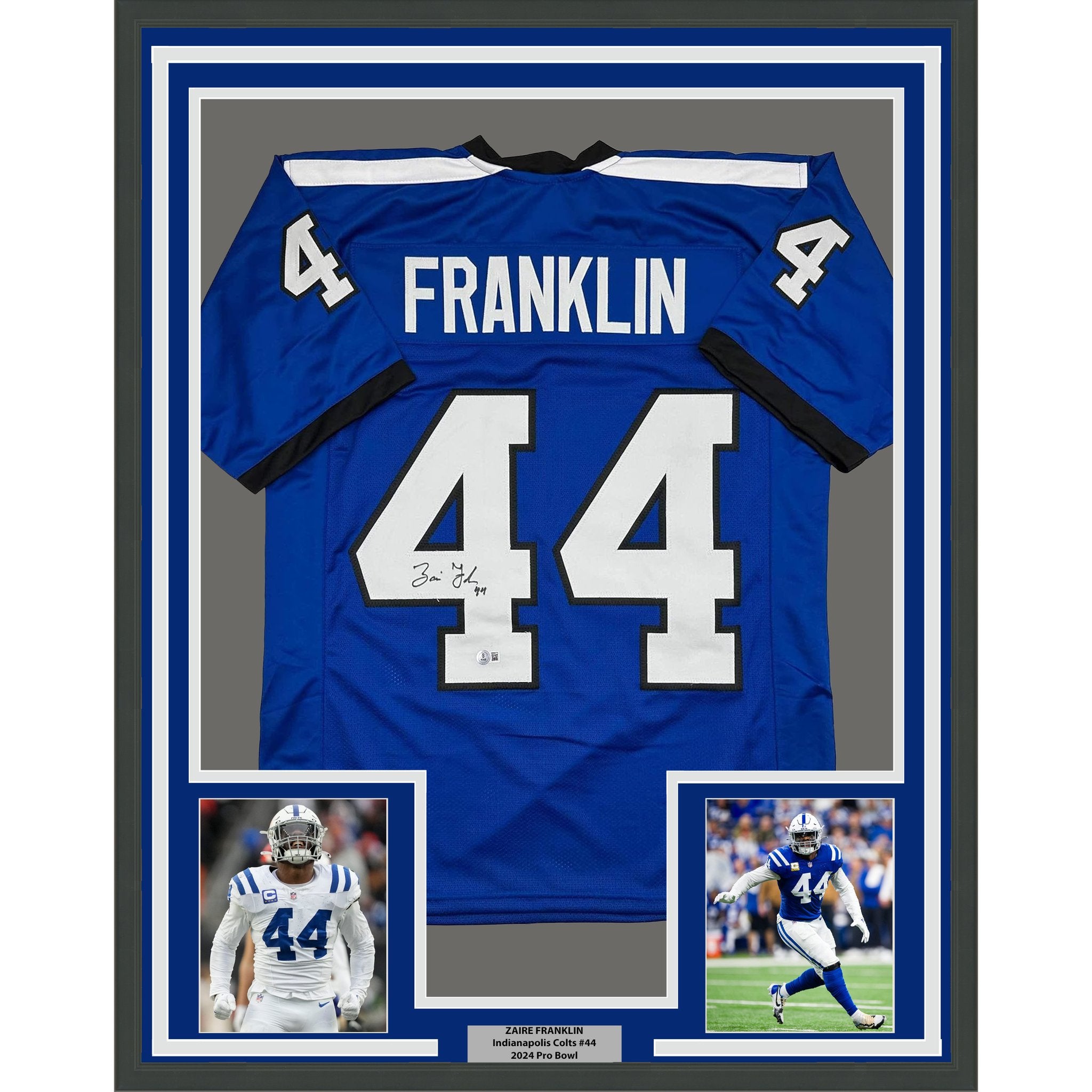 Framed Autographed/Signed Zaire Franklin 35x39 Indianapolis 2025 Style Blue Football Jersey Beckett BAS COA