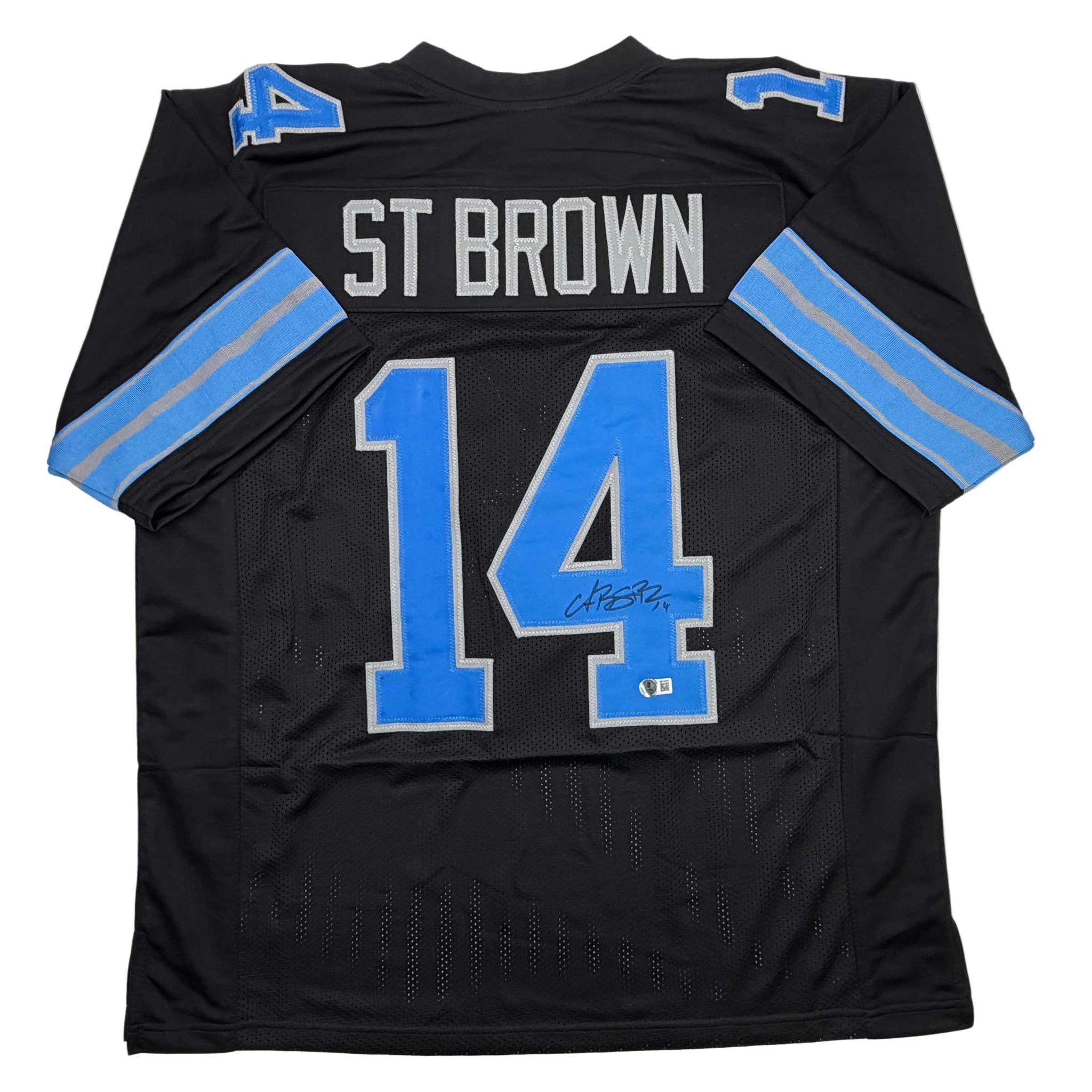 Autographed/Signed Amon-Ra St. Brown Detroit Black Football Jersey Beckett BAS COA