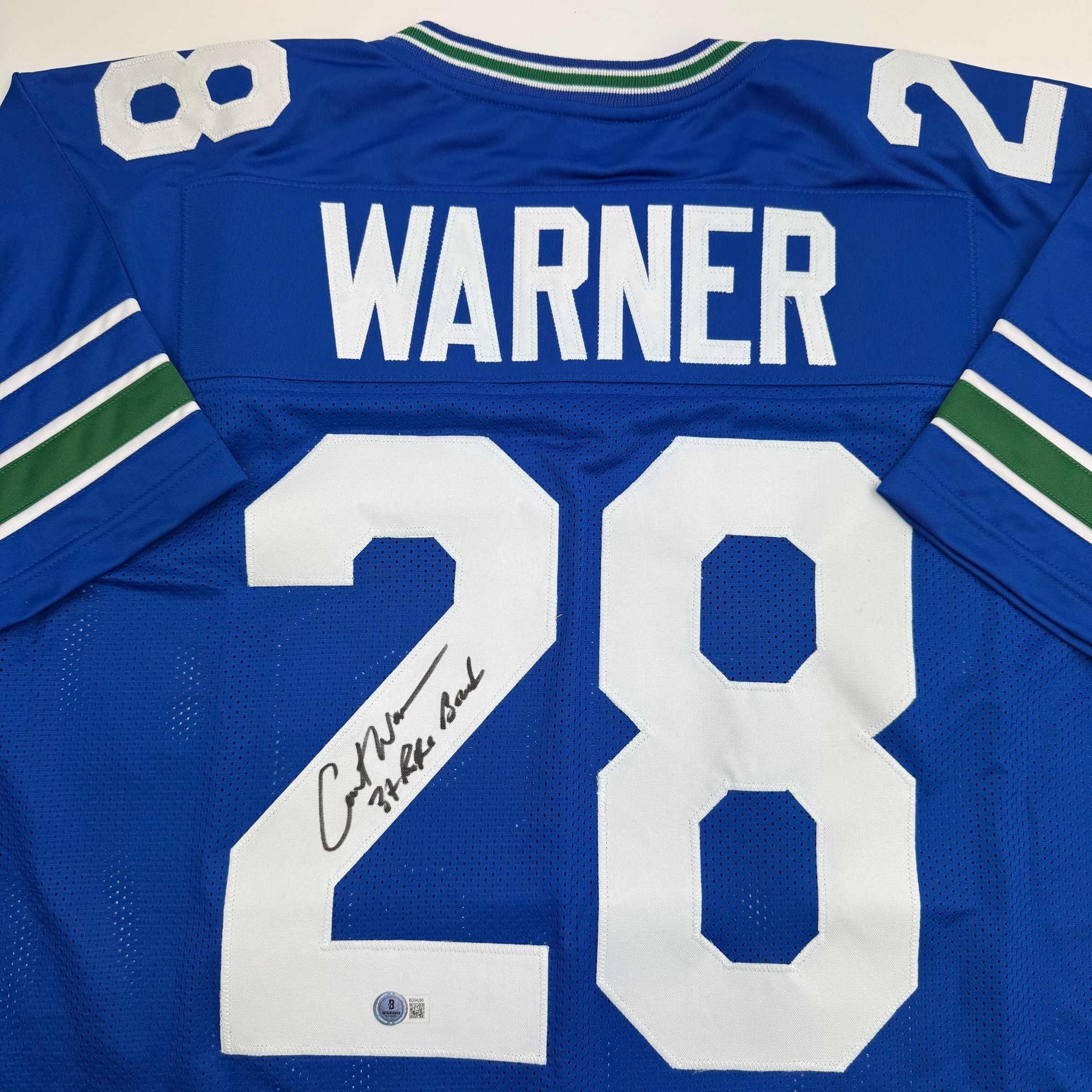 Autographed/Signed Curt Warner Seattle Blue Retro Football Jersey Beckett BAS COA