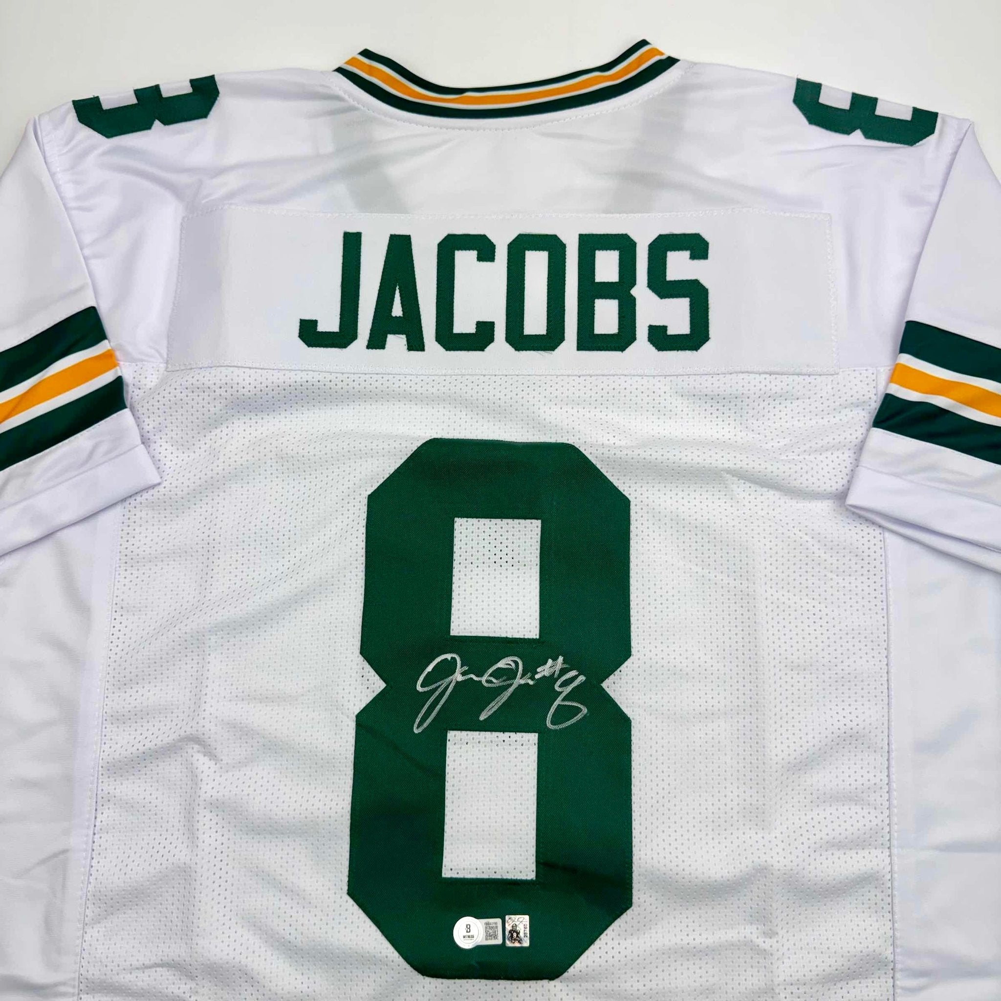 Autographed/Signed Josh Jacobs Green Bay White Football Jersey Beckett BAS COA