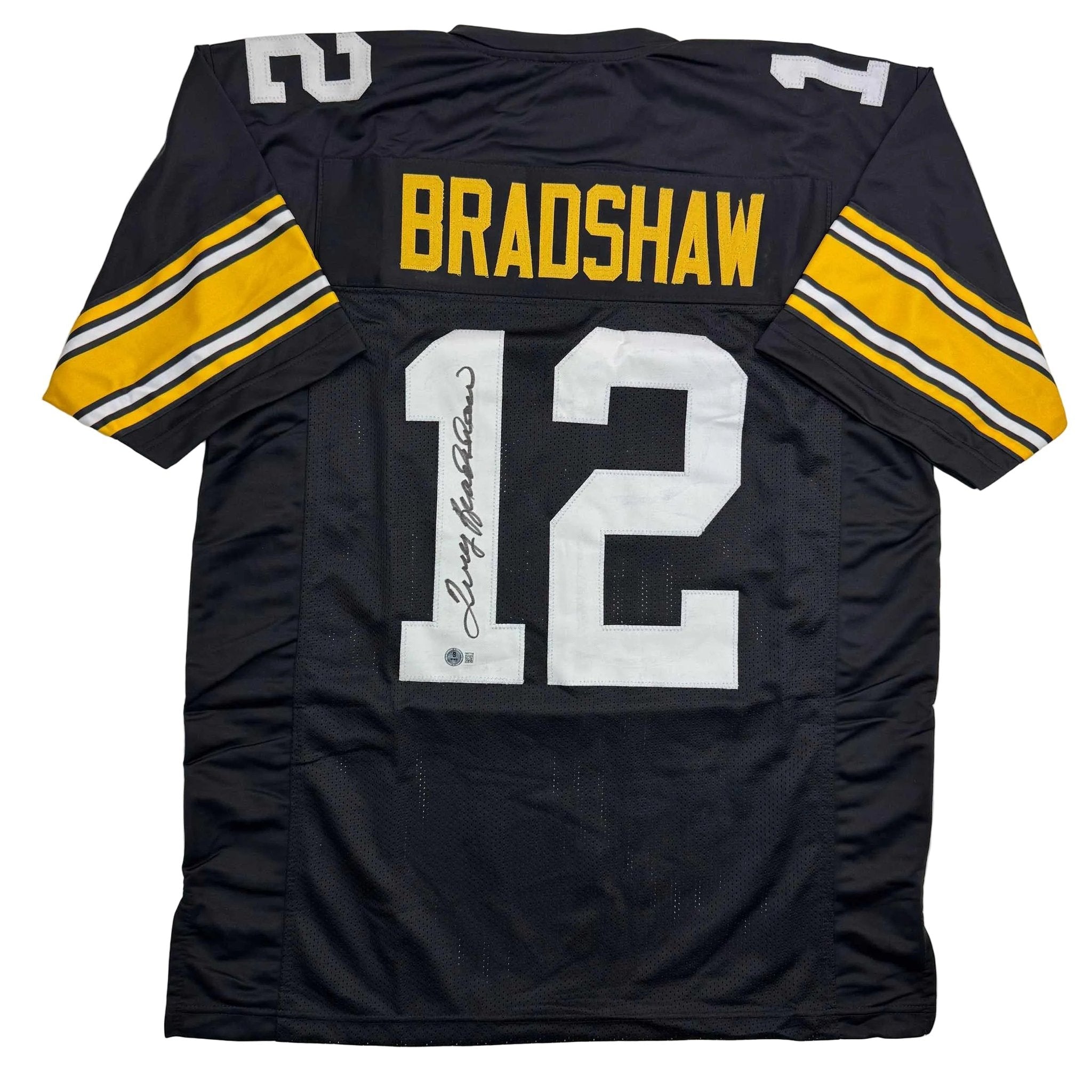 Autographed/Signed Terry Bradshaw Pittsburgh Black Football Jersey Beckett BAS COA