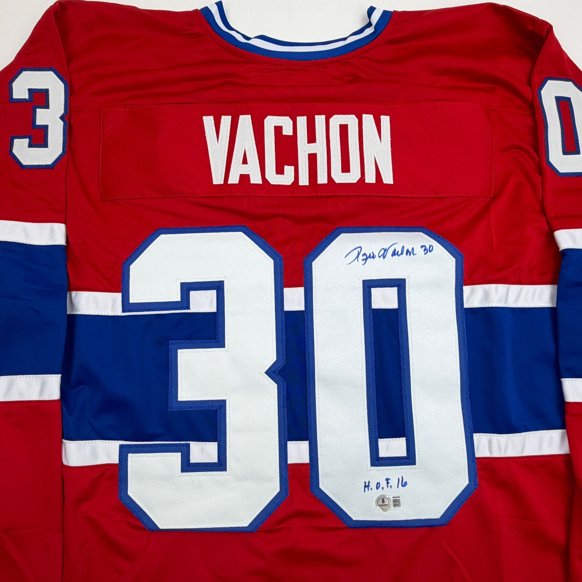 Autographed/Signed Rogie Vachon Montreal Red Hockey Jersey Beckett BAS COA