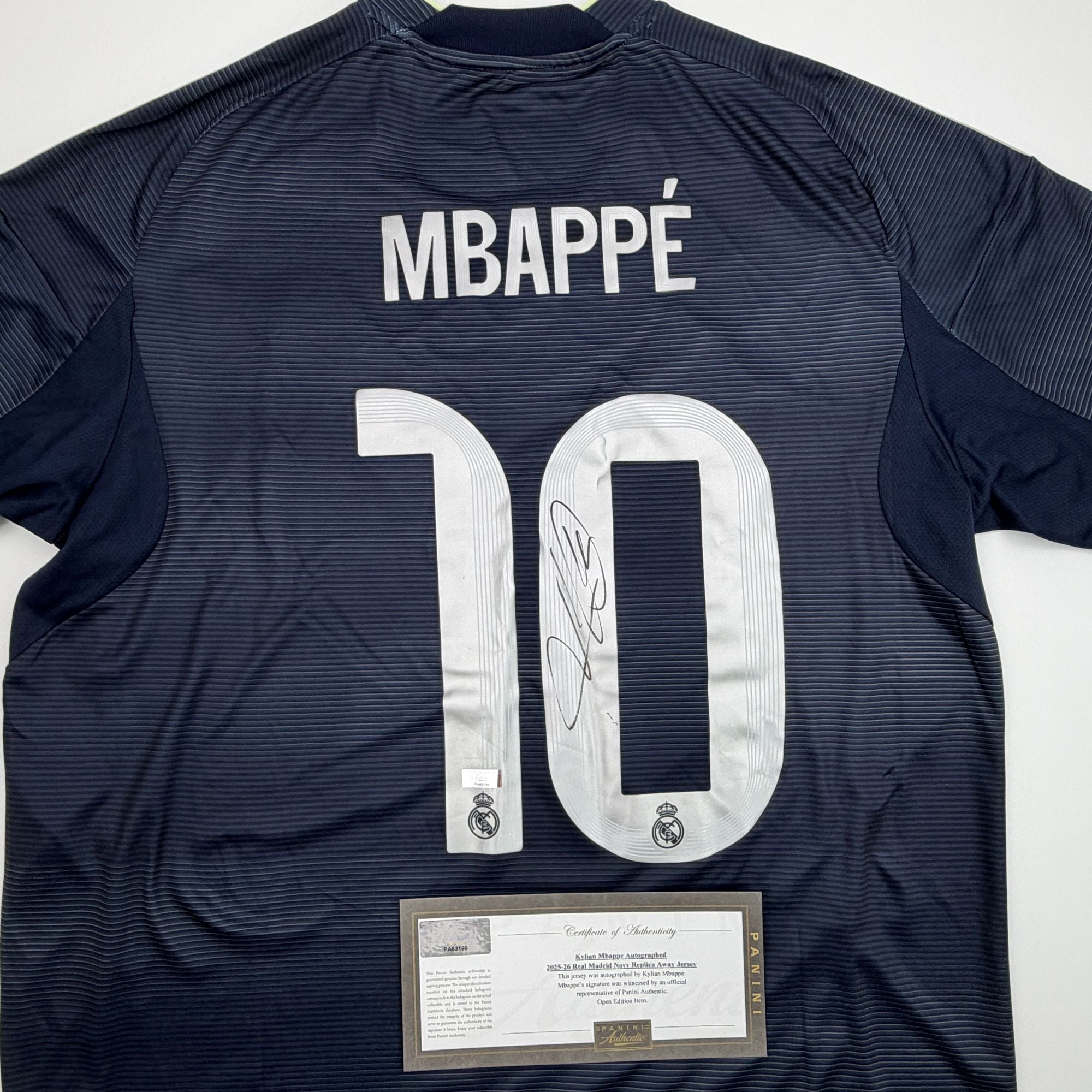 Autographed/Signed Kylian Mbappe Real Madrid Navy Blue Soccer Jersey Panini Authentic COA
