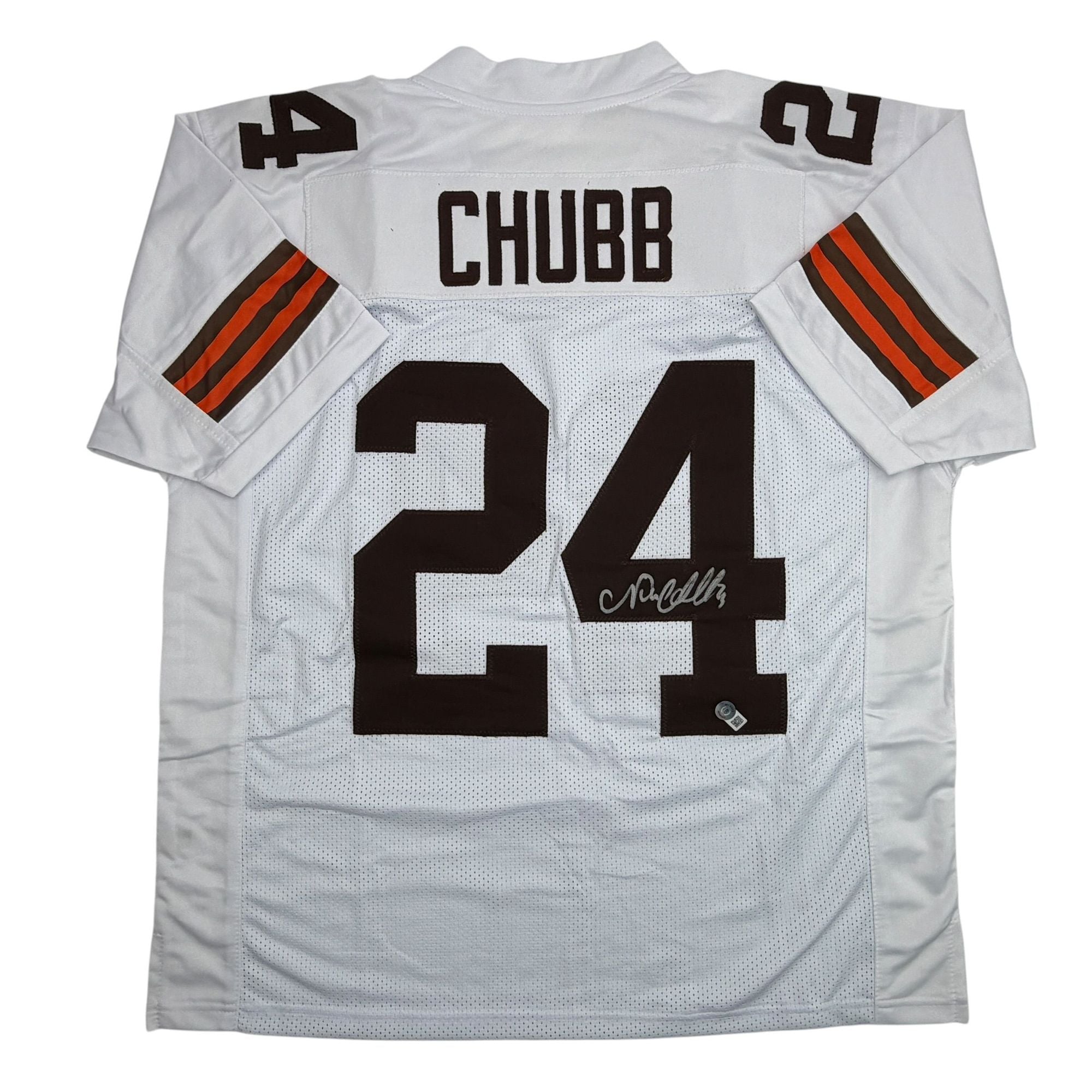 Autographed/Signed Nick Chubb Cleveland White Football Jersey Beckett BAS COA