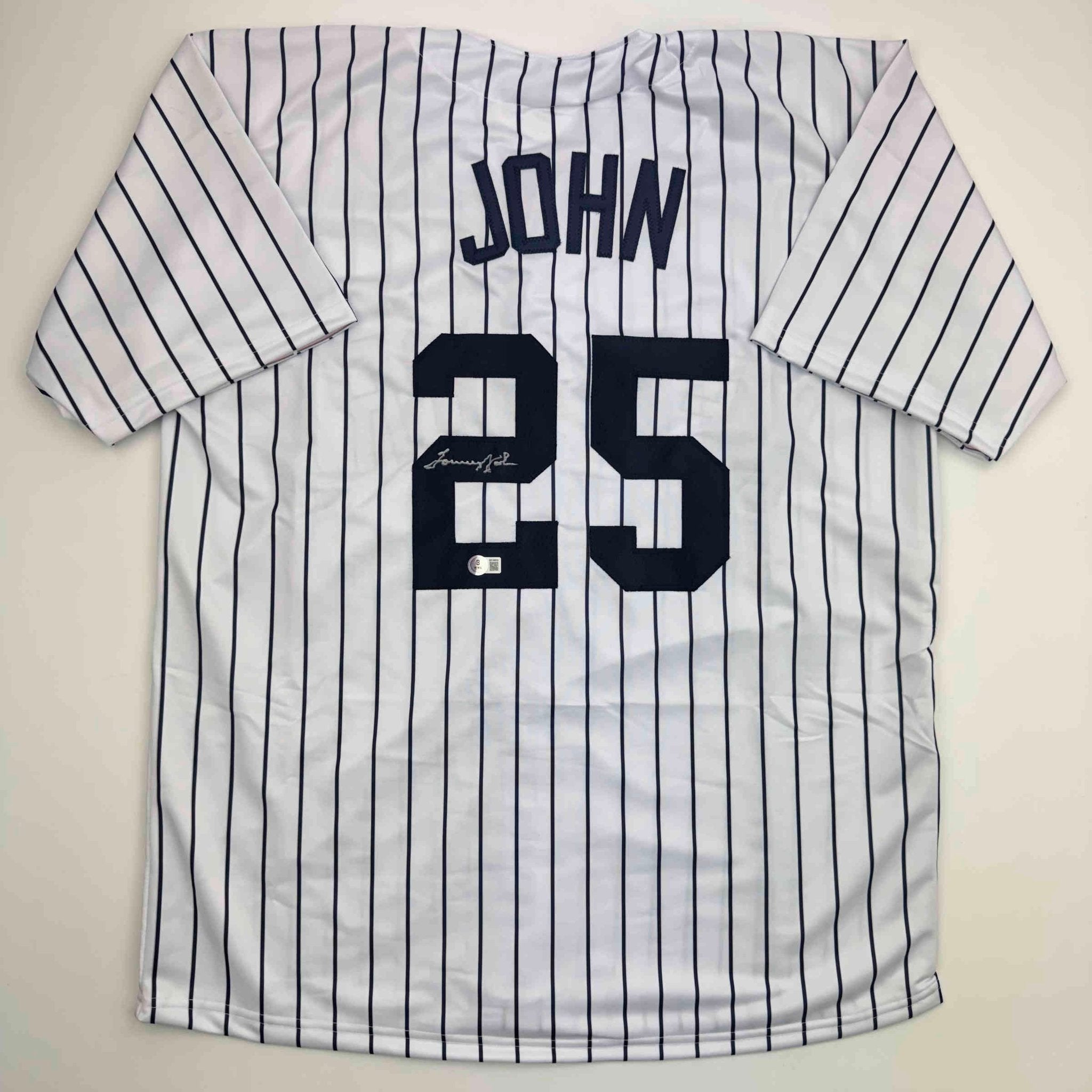 Autographed/Signed Tommy John New York Pinstripe Baseball Jersey Beckett BAS COA