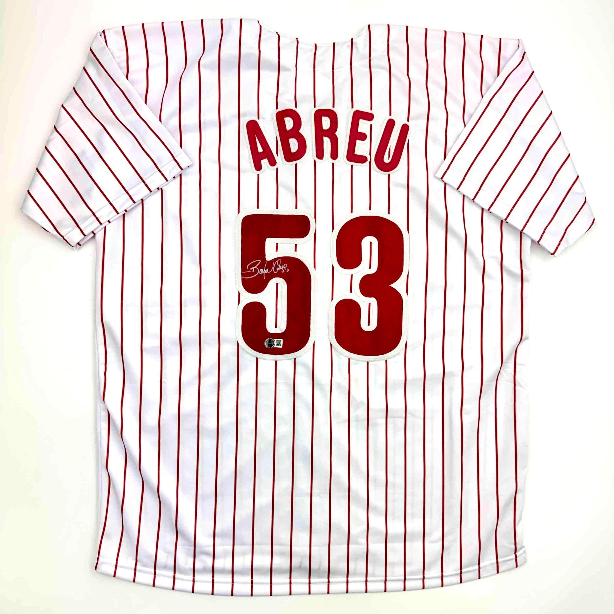 Autographed/Signed Bobby Abreu Philadelphia Pinstripe Baseball Jersey Beckett BAS COA