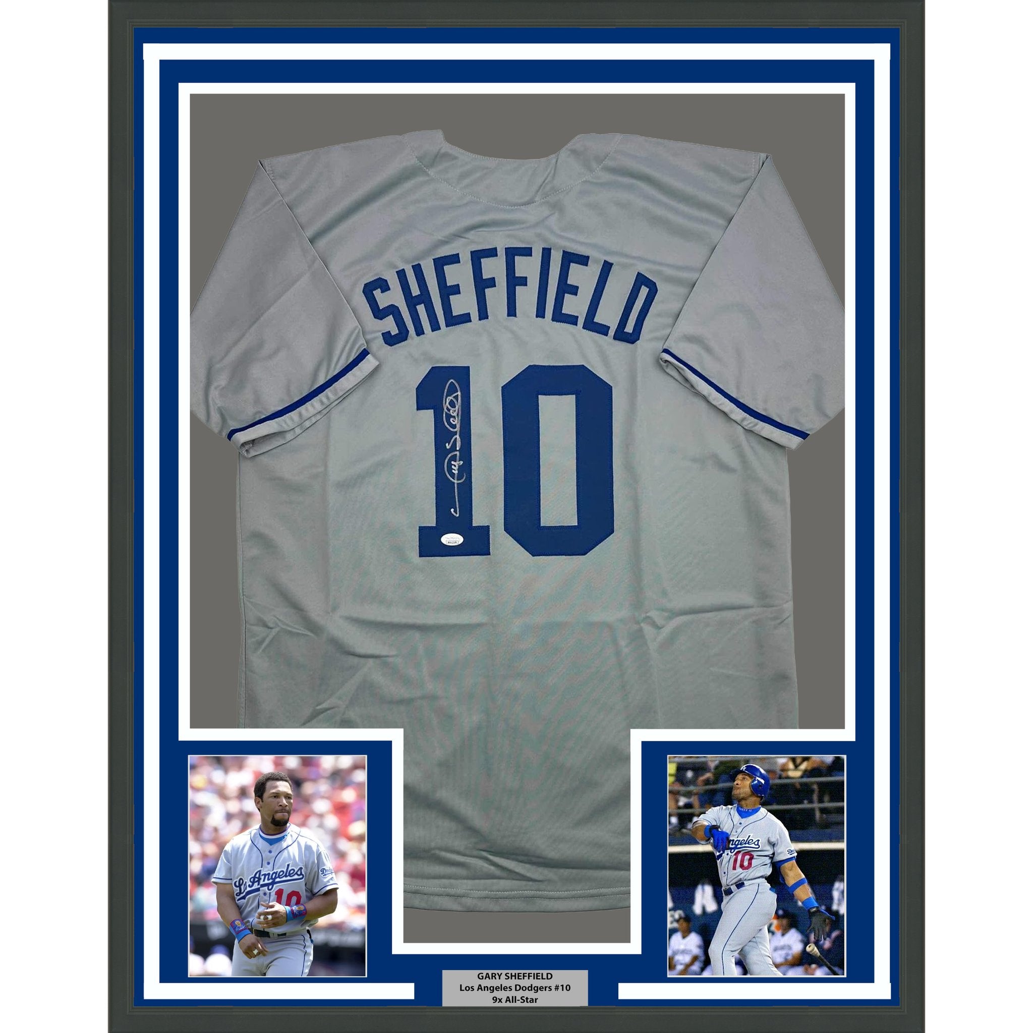 Framed Autographed/Signed Gary Sheffield 35x39 Los Angeles LA Grey Baseball Jersey JSA COA