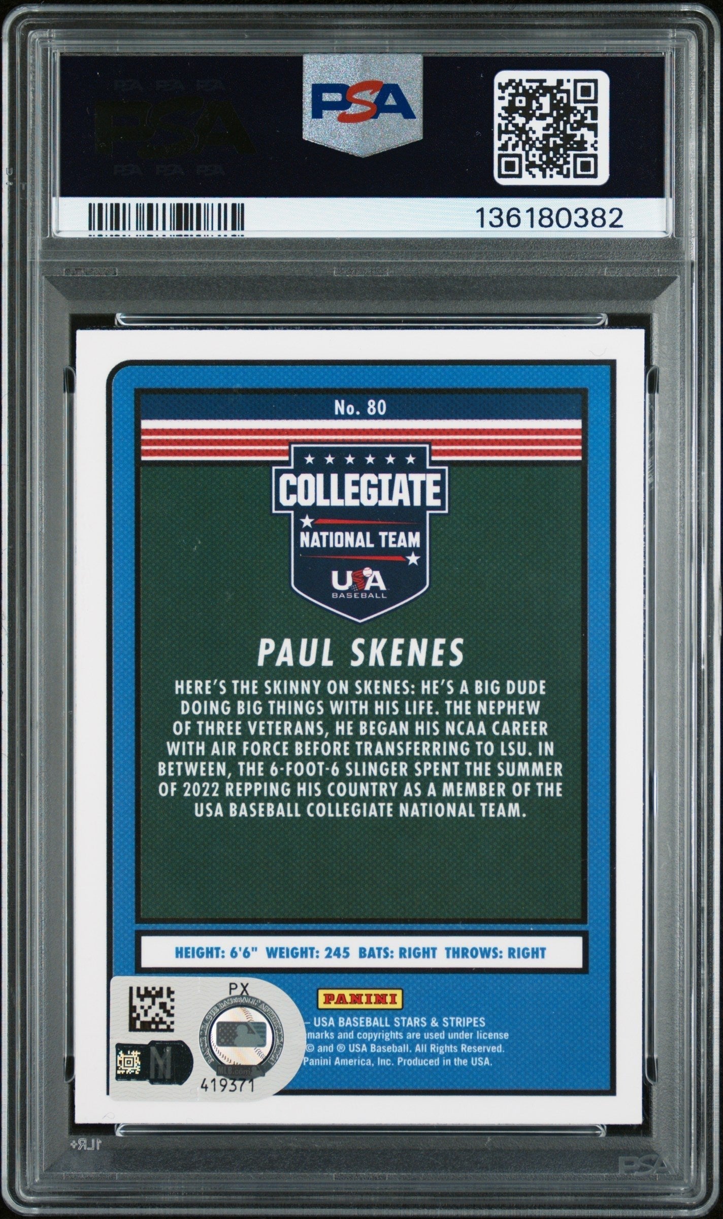Graded 2023 Panini Stars & Stripes USA Paul Skenes #80 Rookie RC Baseball Card PSA Authentic Auto