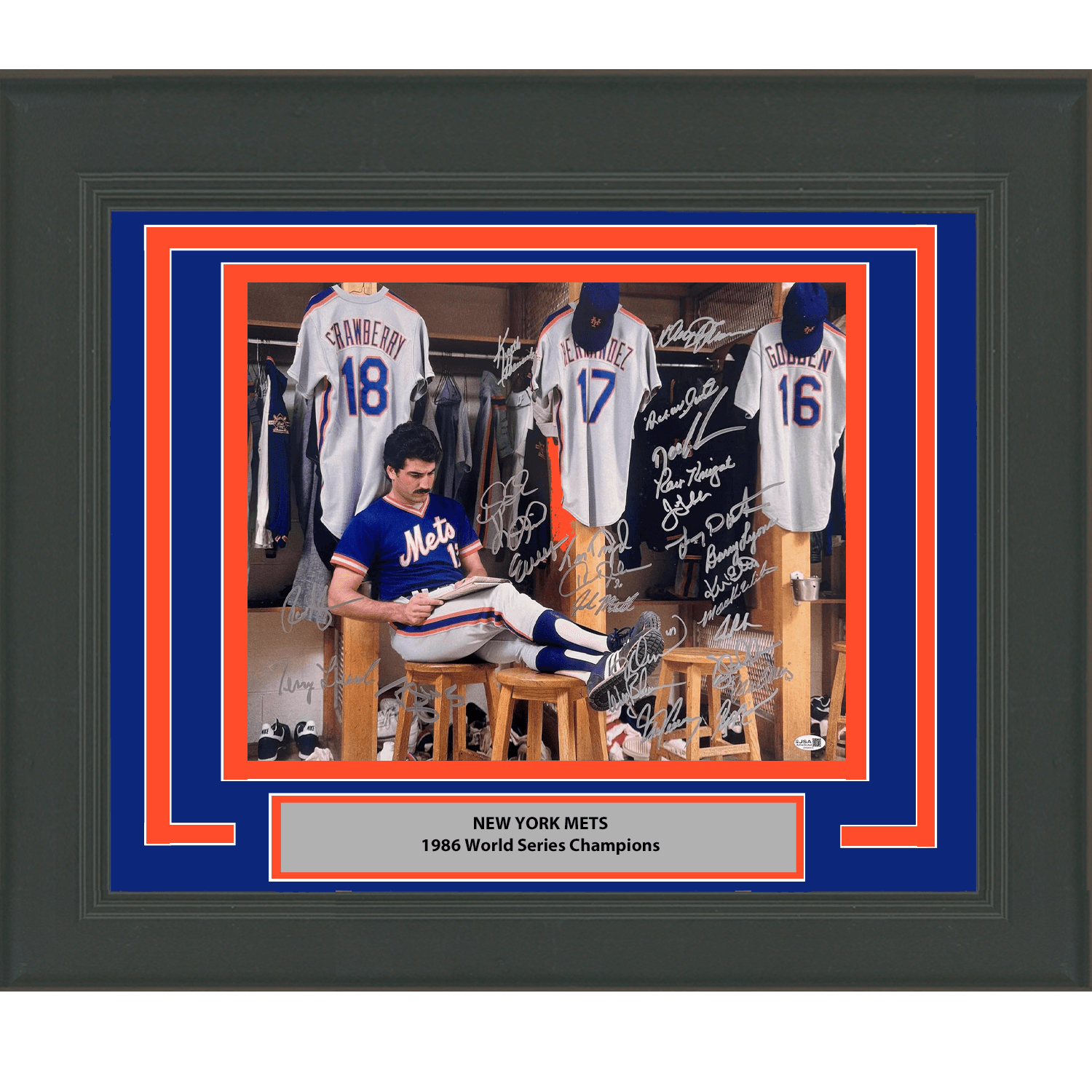 Framed Autographed/Signed 1986 New York Mets Team 26x Sigs World Series Champions 16x20 Baseball Photo JSA COA