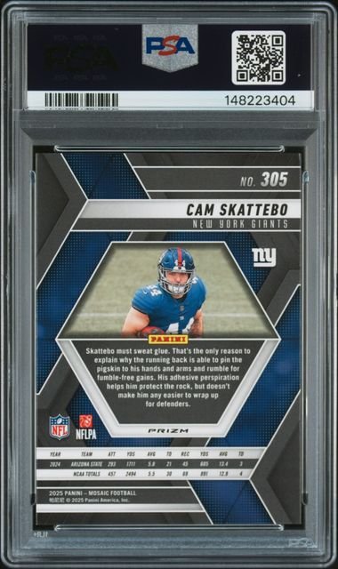 Graded 2025 Panini Mosaic Cam Skattebo #305 Red & White Stripe Rookie RC Football Card PSA 10 Gem Mint