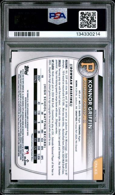 Graded 2025 Topps Bowman Konnor Griffin #CPAKG /499 Chrome Prospect Auto Refractor Rookie RC Baseball Card PSA 9 Mint