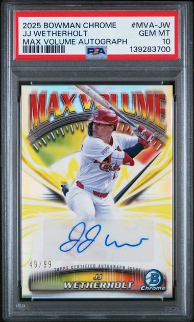 Graded 2025 Topps Bowman Chrome JJ Wetherholt #MVAJW /99 Max Volume Autograph Rookie RC Baseball Card PSA 10 Gem Mint